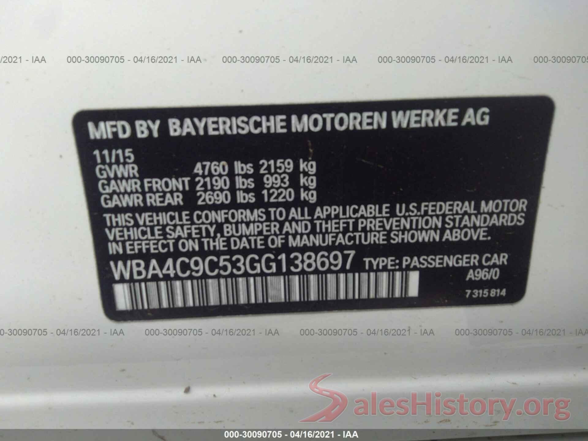 WBA4C9C53GG138697 2016 BMW 4 SERIES