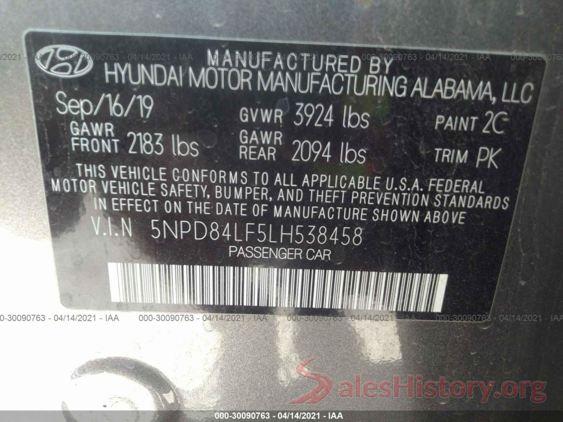 5NPD84LF5LH538458 2020 HYUNDAI ELANTRA