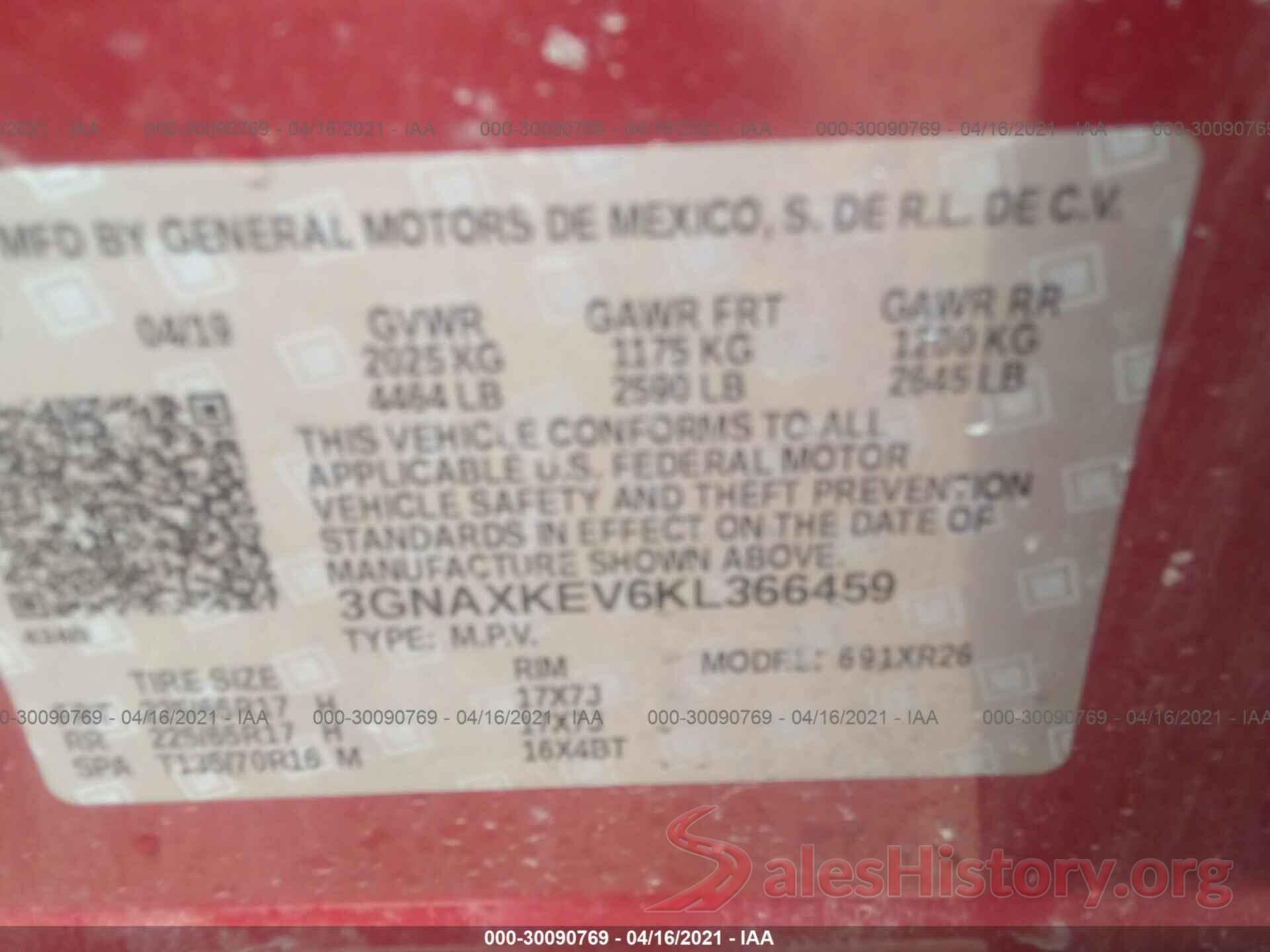 3GNAXKEV6KL366459 2019 CHEVROLET EQUINOX