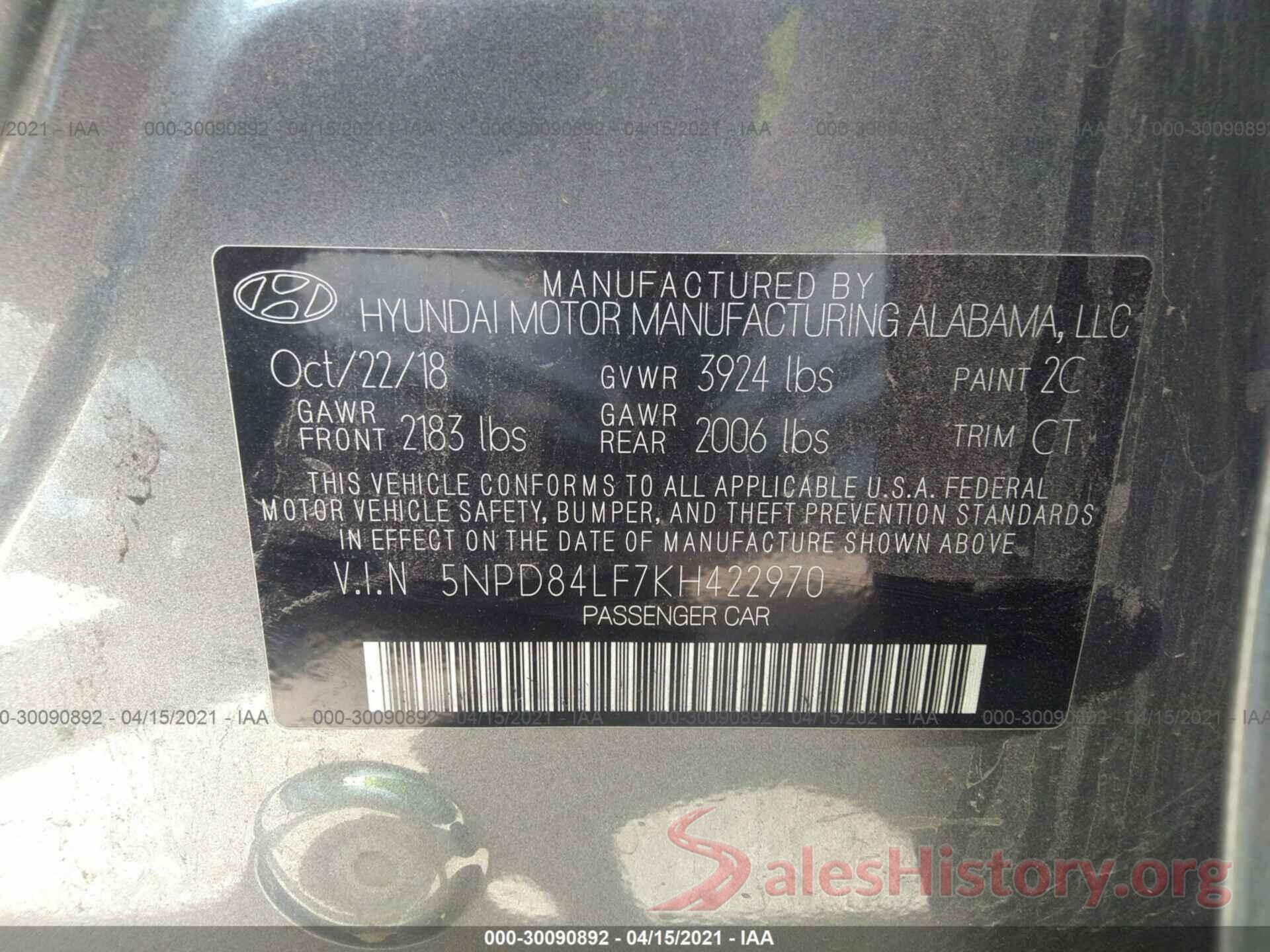 5NPD84LF7KH422970 2019 HYUNDAI ELANTRA