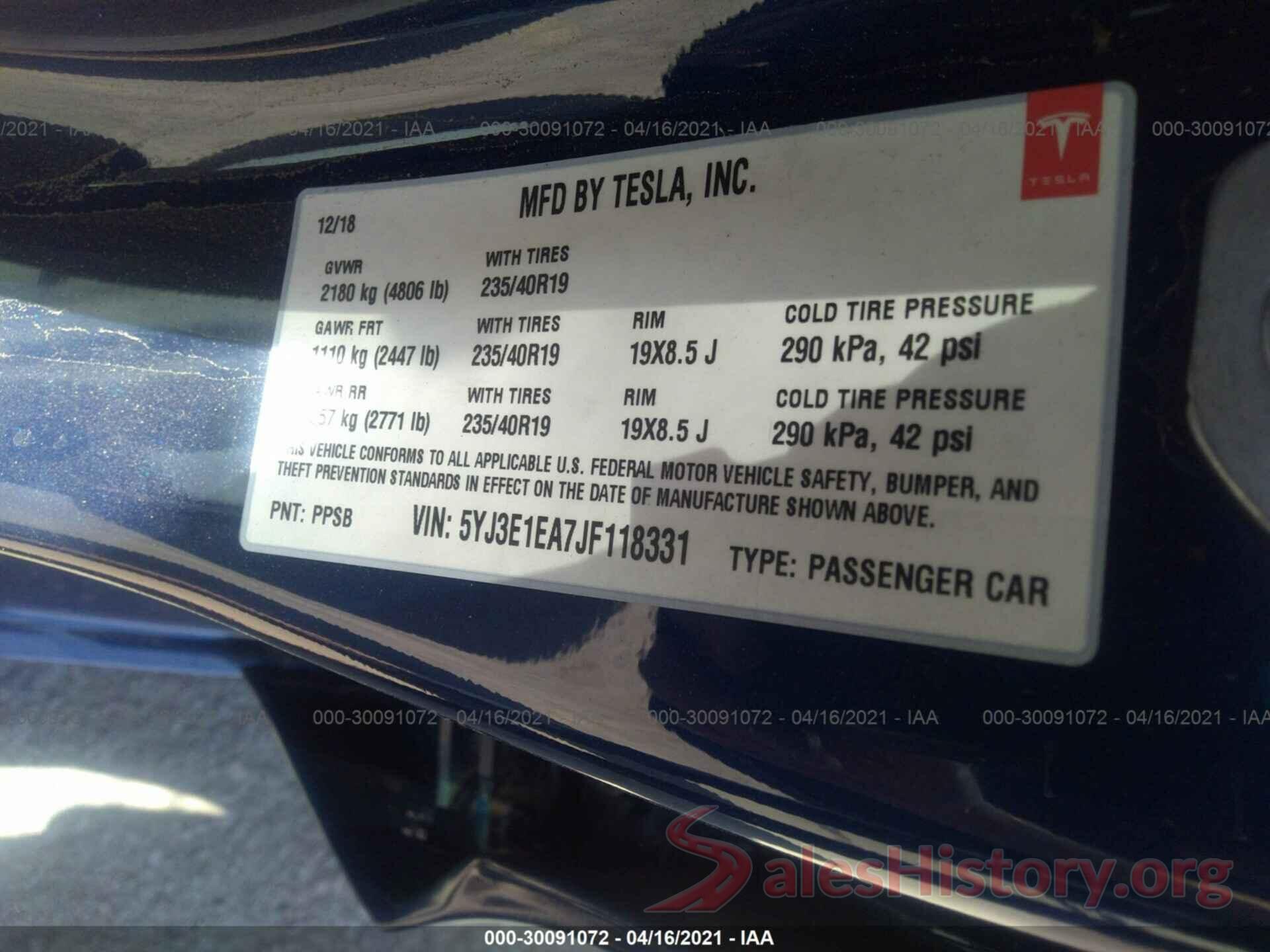 5YJ3E1EA7JF118331 2018 TESLA MODEL 3