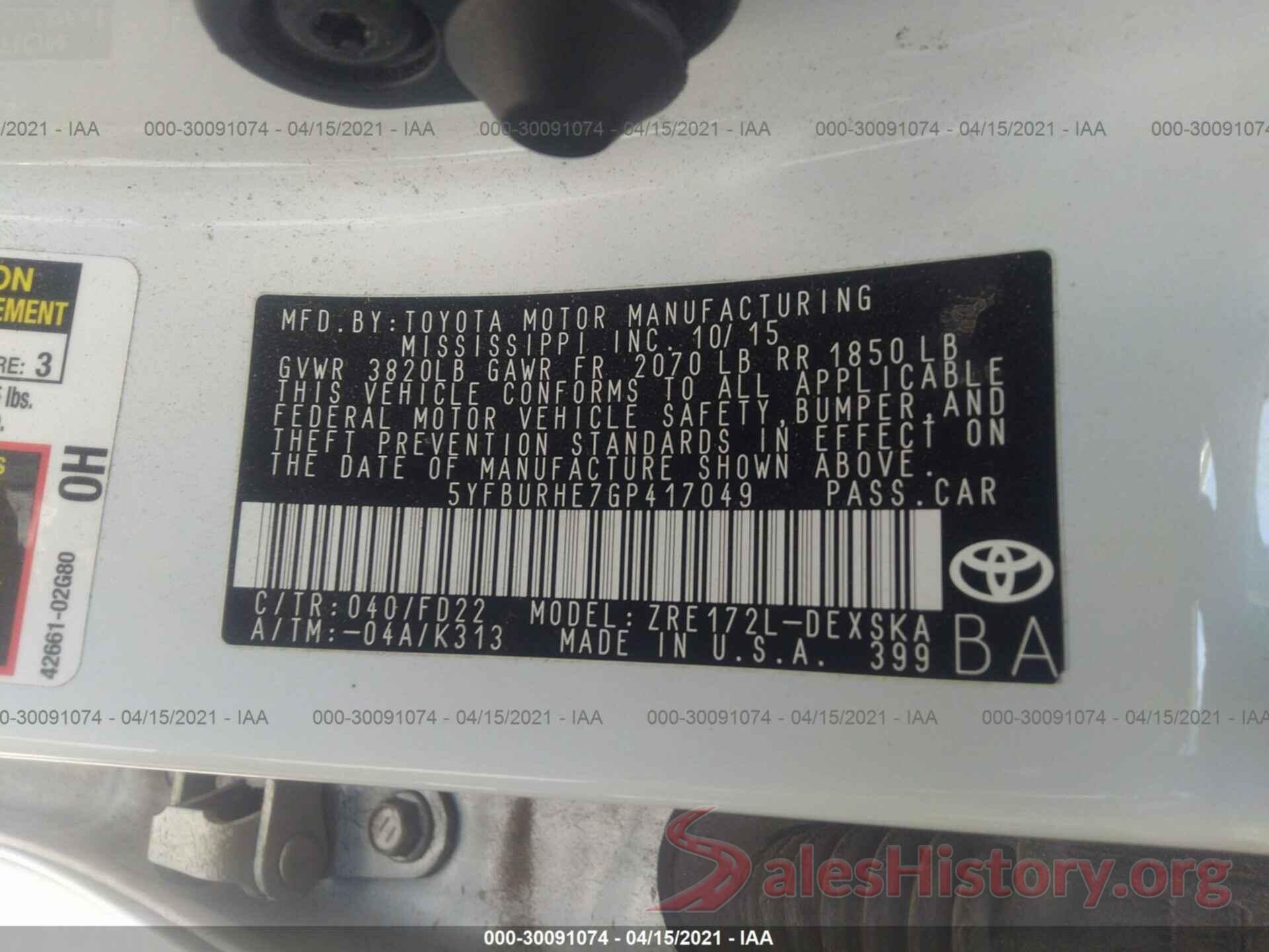 5YFBURHE7GP417049 2016 TOYOTA COROLLA