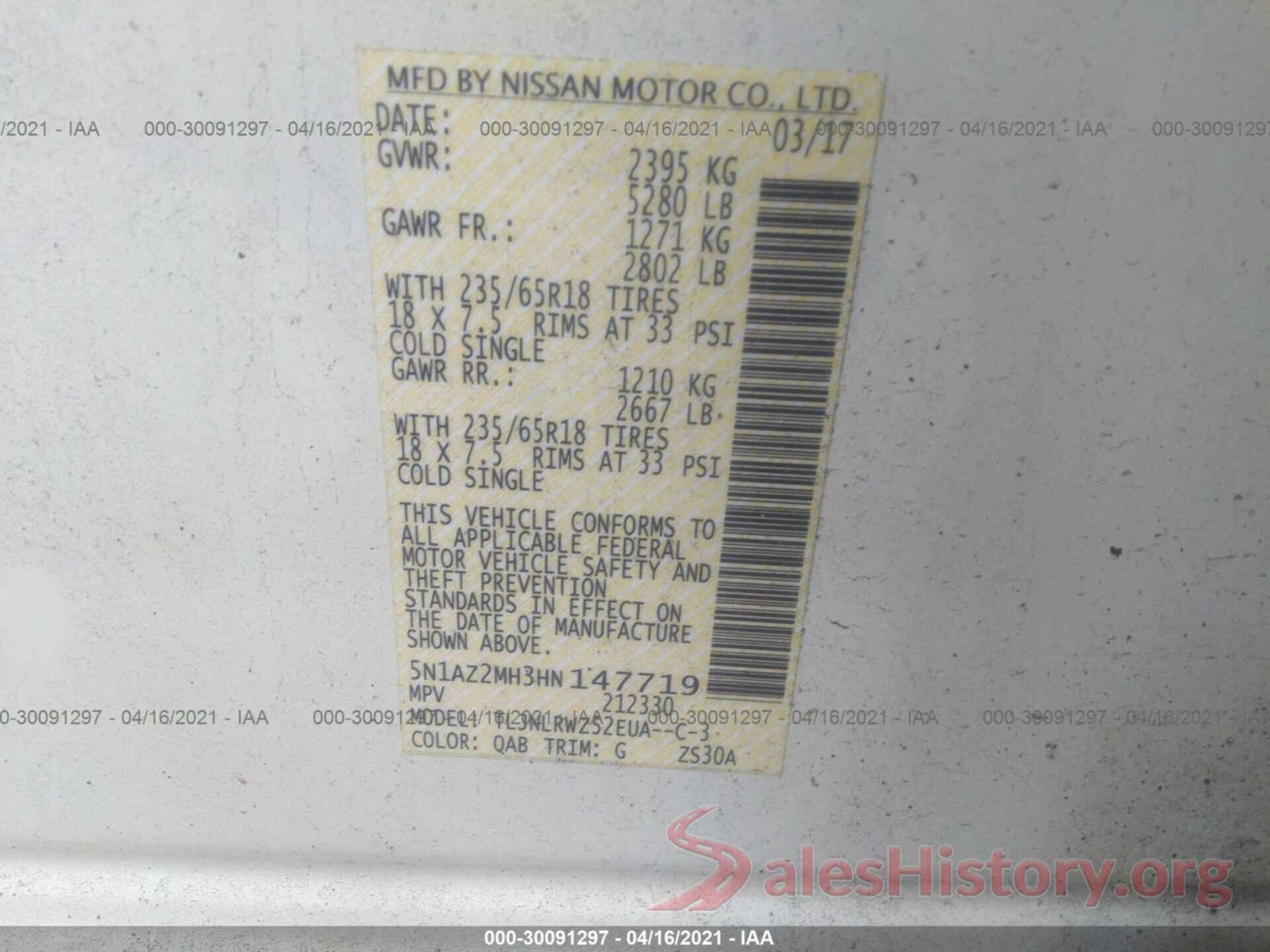 5N1AZ2MH3HN147719 2017 NISSAN MURANO