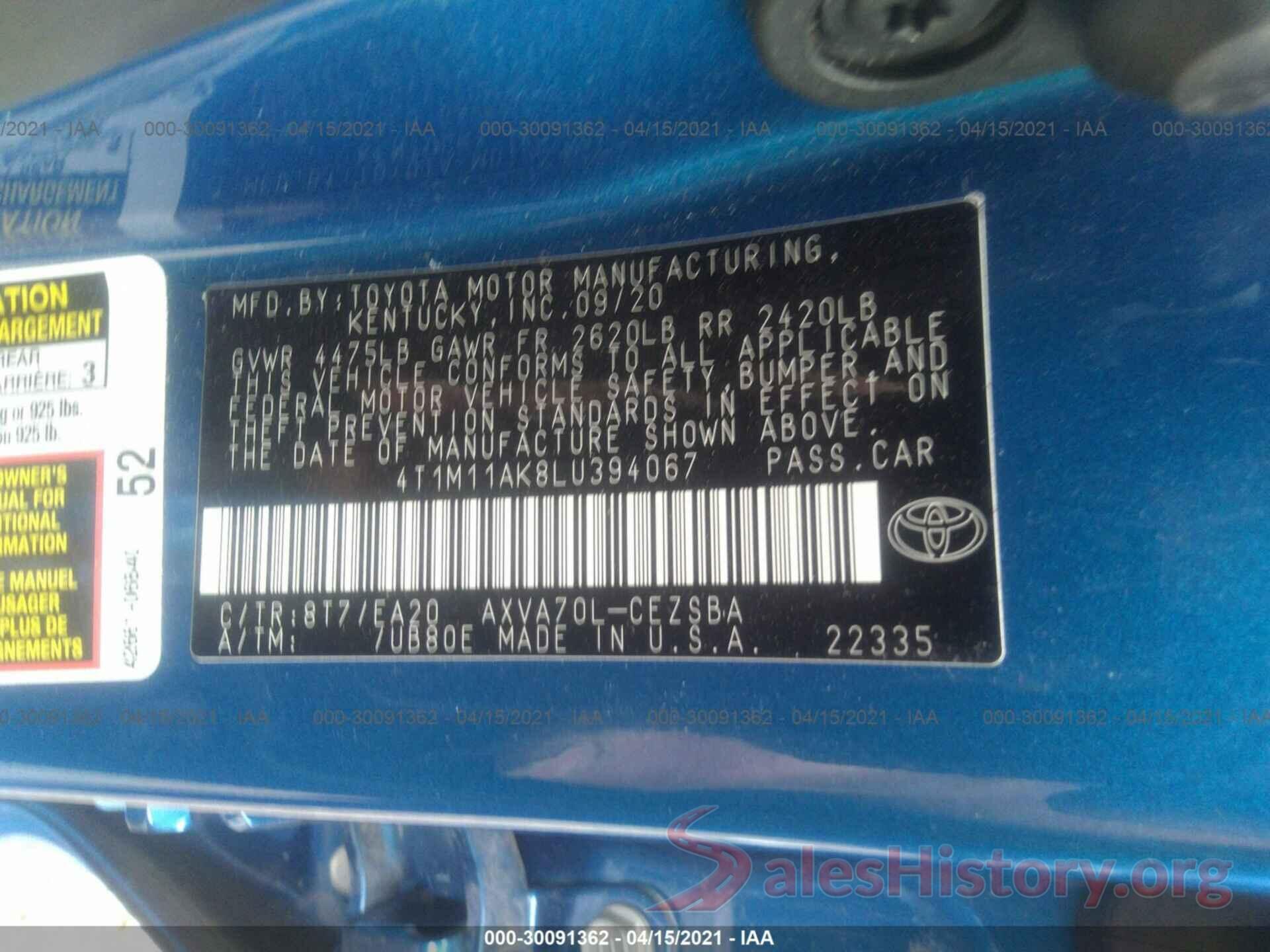 4T1M11AK8LU394067 2020 TOYOTA CAMRY