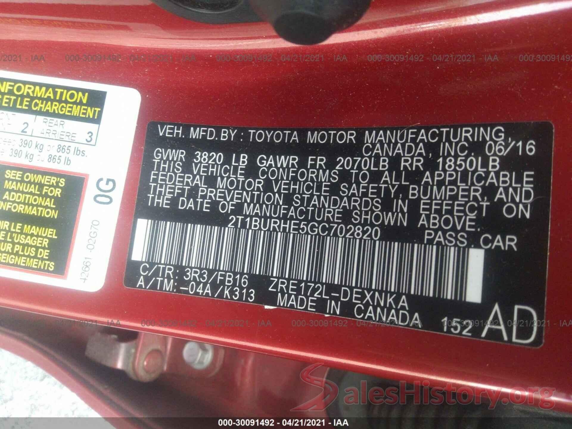 2T1BURHE5GC702820 2016 TOYOTA COROLLA