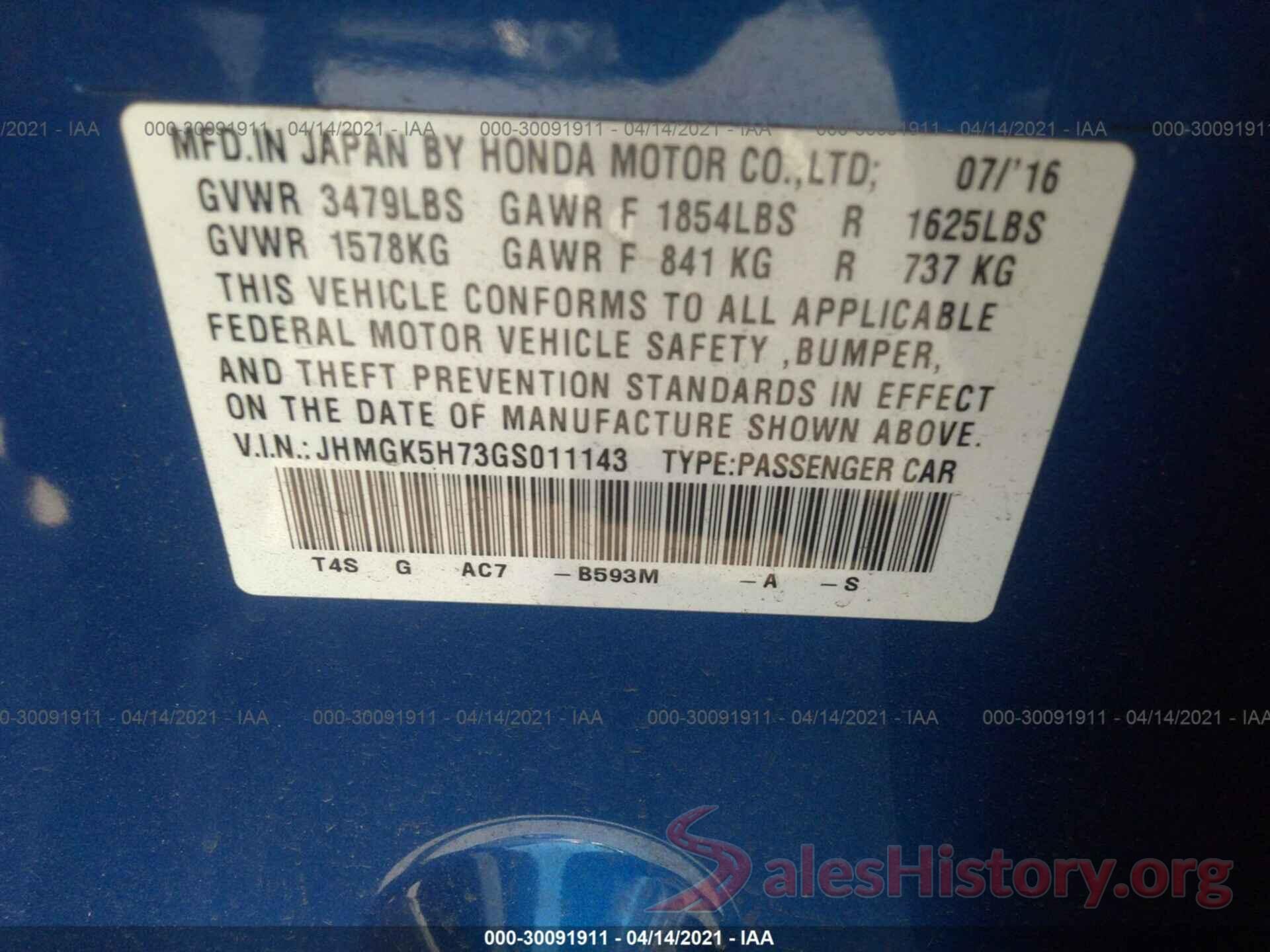 JHMGK5H73GS011143 2016 HONDA FIT