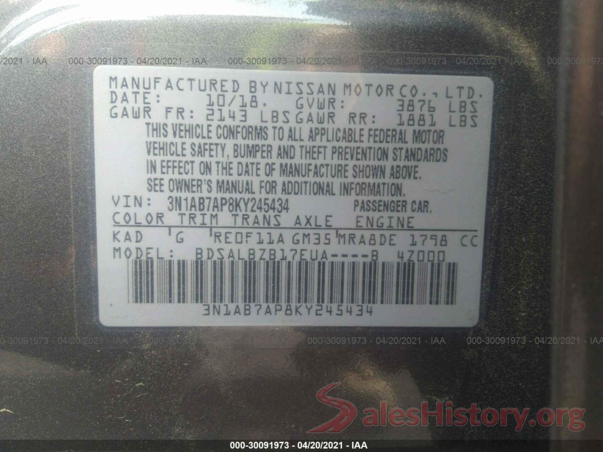 3N1AB7AP8KY245434 2019 NISSAN SENTRA