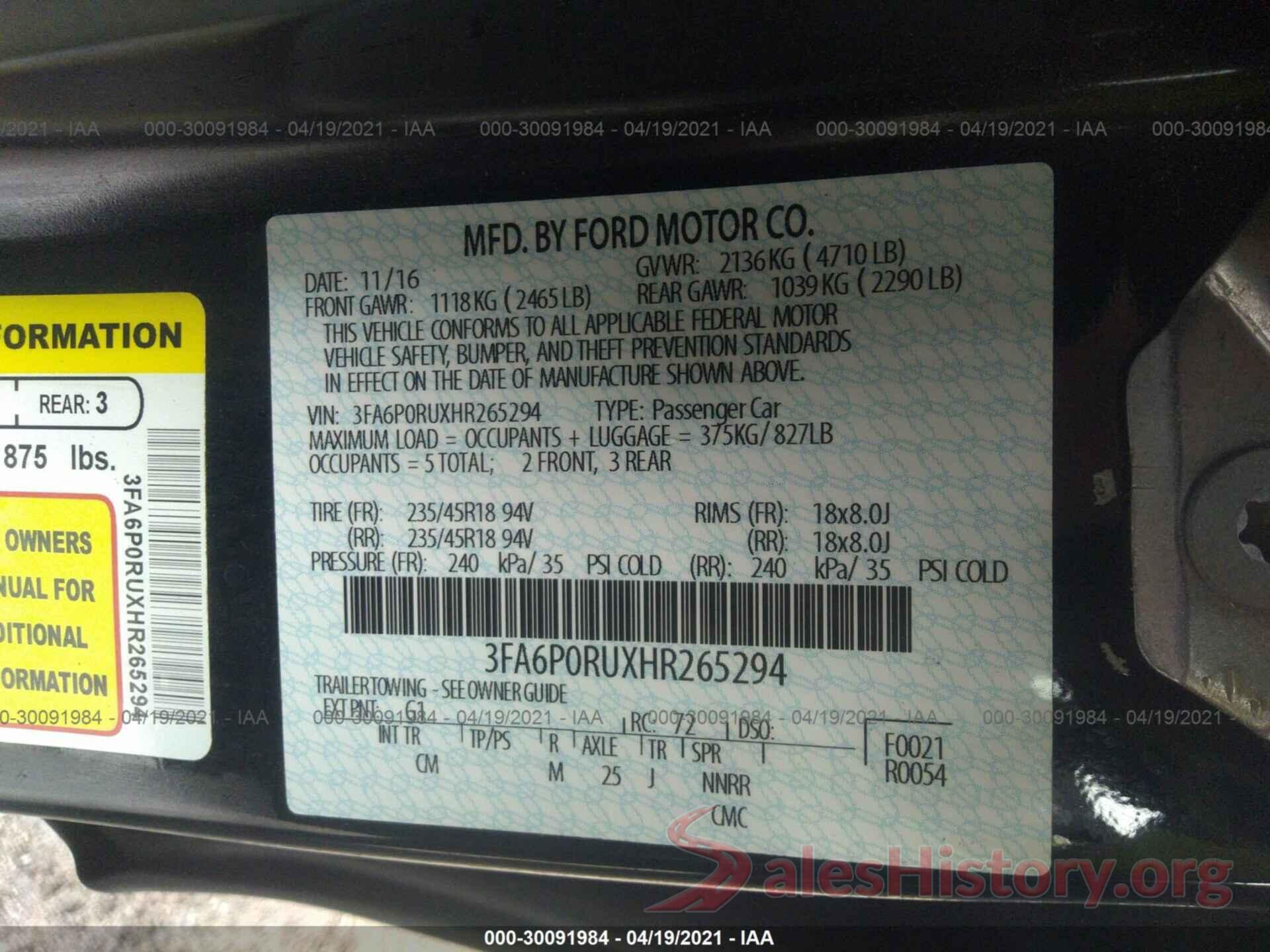 3FA6P0RUXHR265294 2017 FORD FUSION