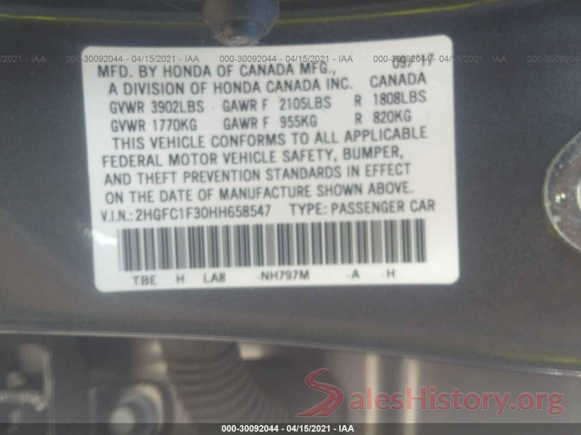 2HGFC1F30HH658547 2017 HONDA CIVIC SEDAN