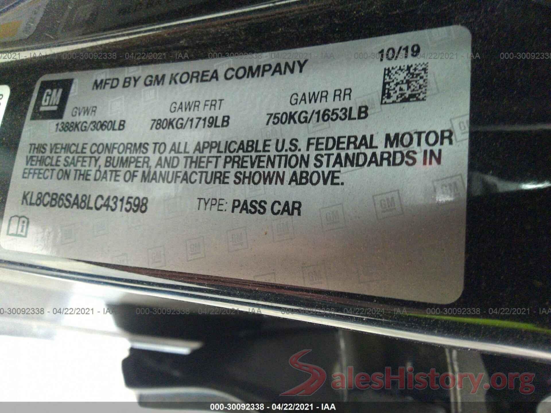 KL8CB6SA8LC431598 2020 CHEVROLET SPARK