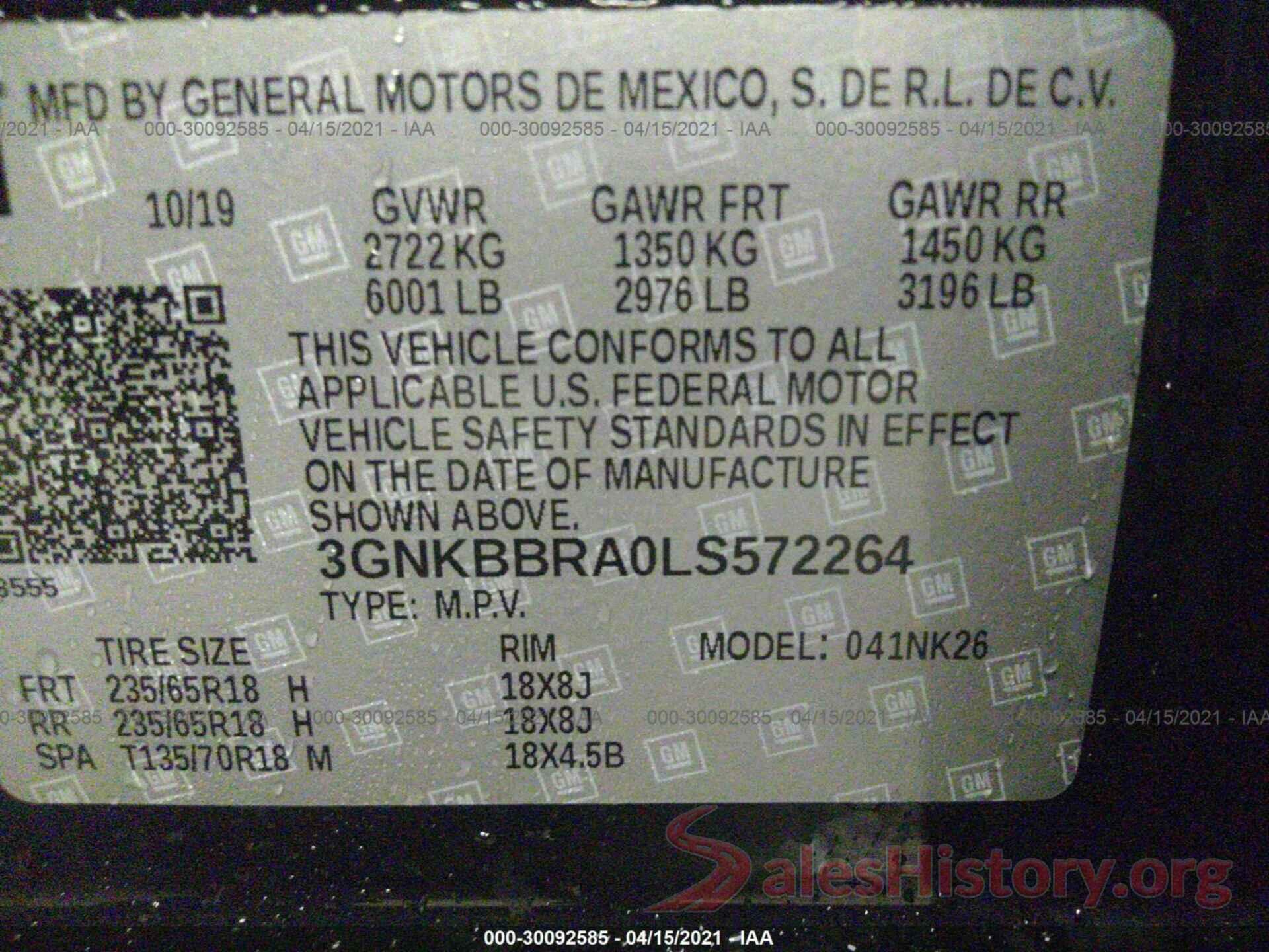 3GNKBBRA0LS572264 2020 CHEVROLET BLAZER