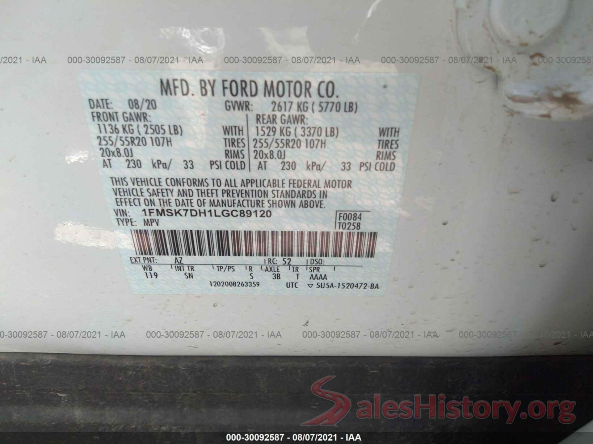 1FMSK7DH1LGC89120 2020 FORD EXPLORER