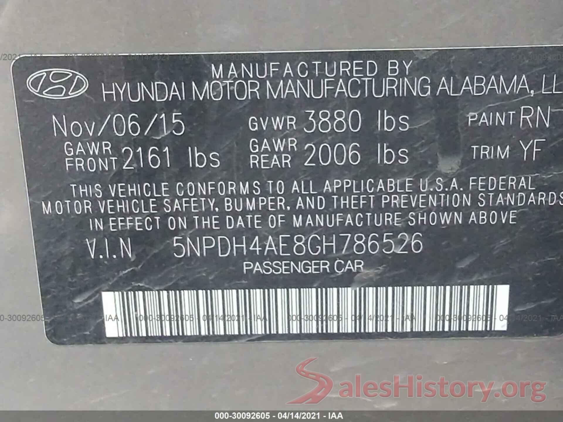 5NPDH4AE8GH786526 2016 HYUNDAI ELANTRA