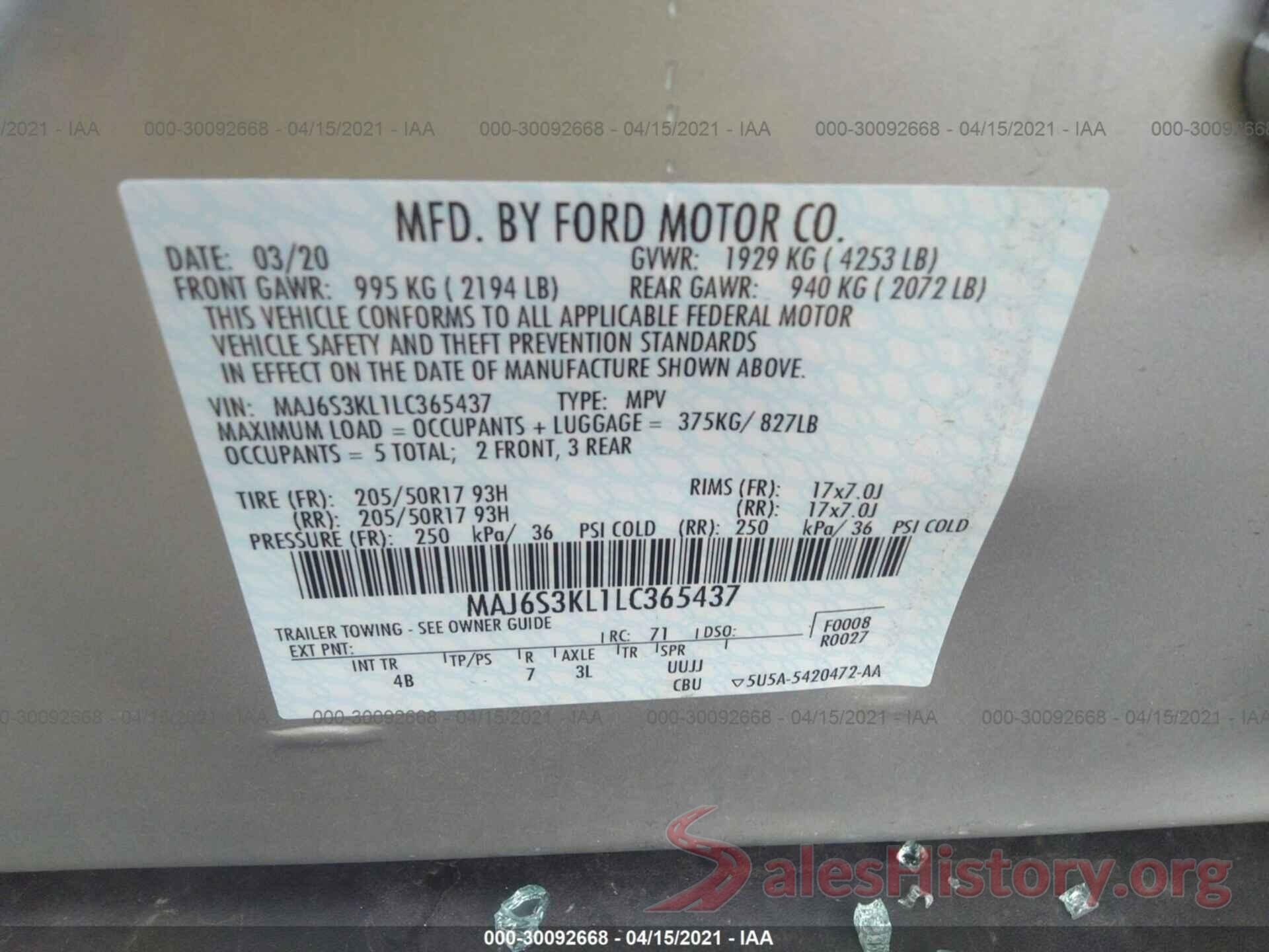 MAJ6S3KL1LC365437 2020 FORD ECOSPORT