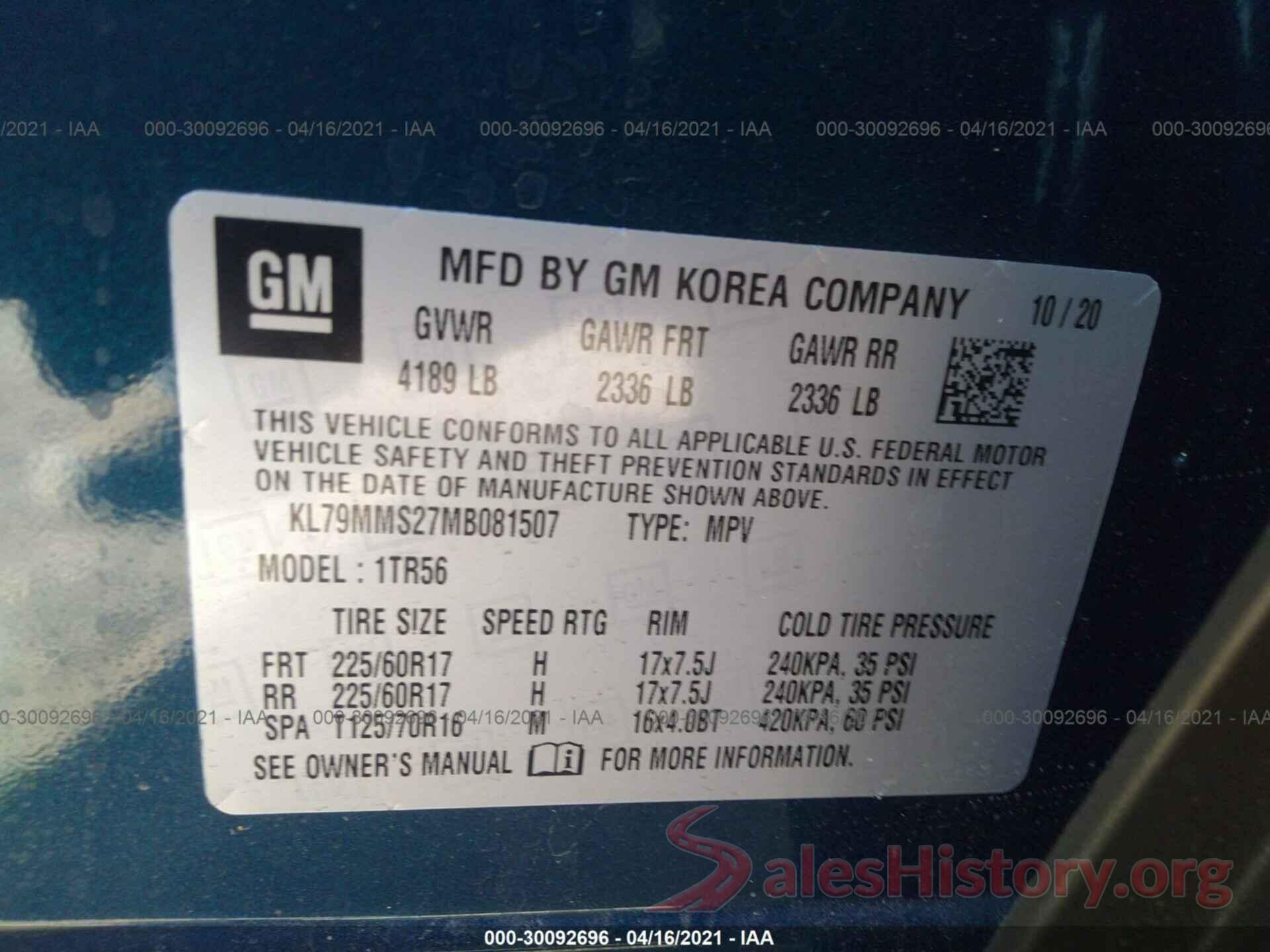 KL79MMS27MB081507 2021 CHEVROLET TRAILBLAZER