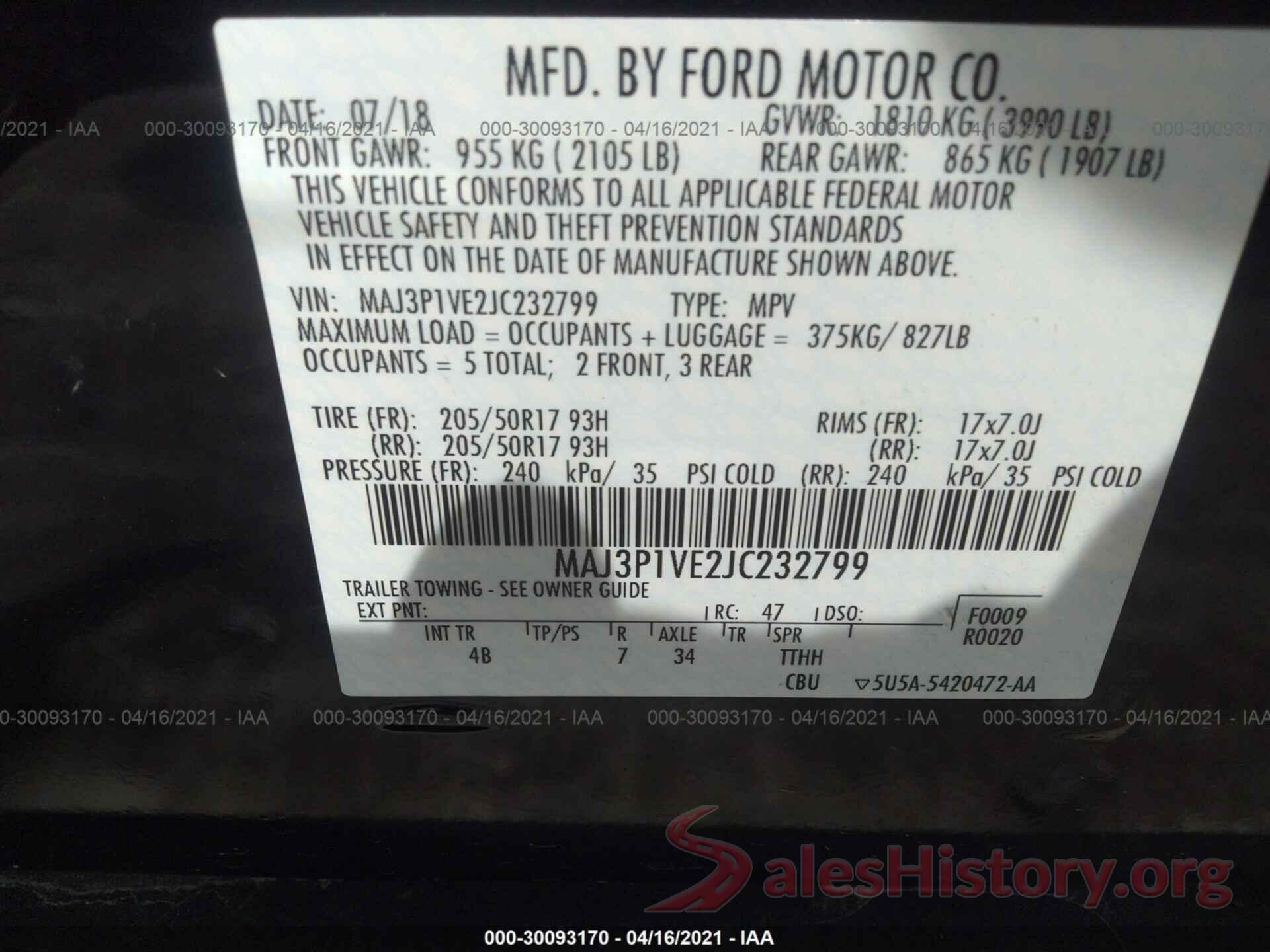 MAJ3P1VE2JC232799 2018 FORD ECOSPORT