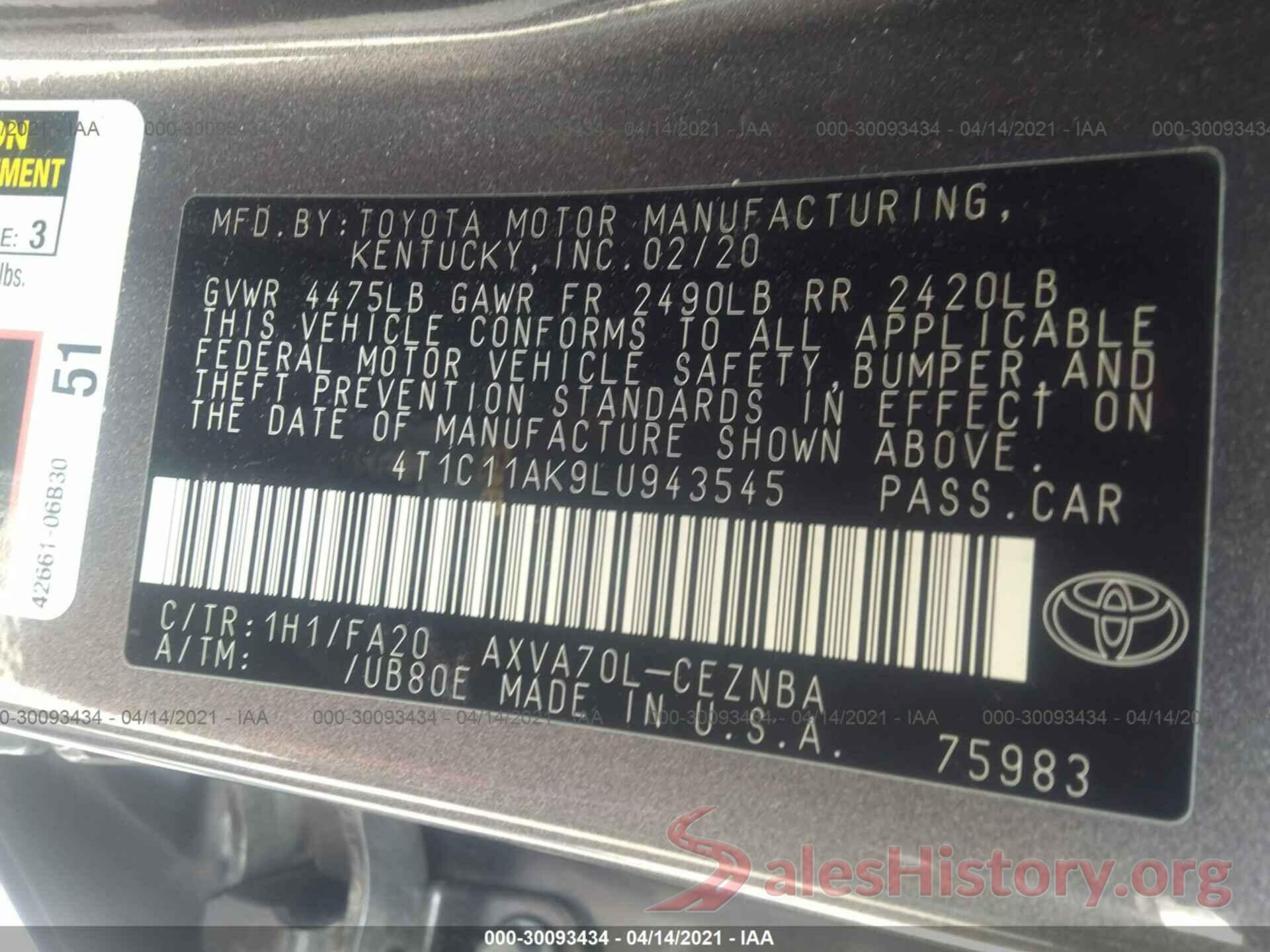 4T1C11AK9LU943545 2020 TOYOTA CAMRY