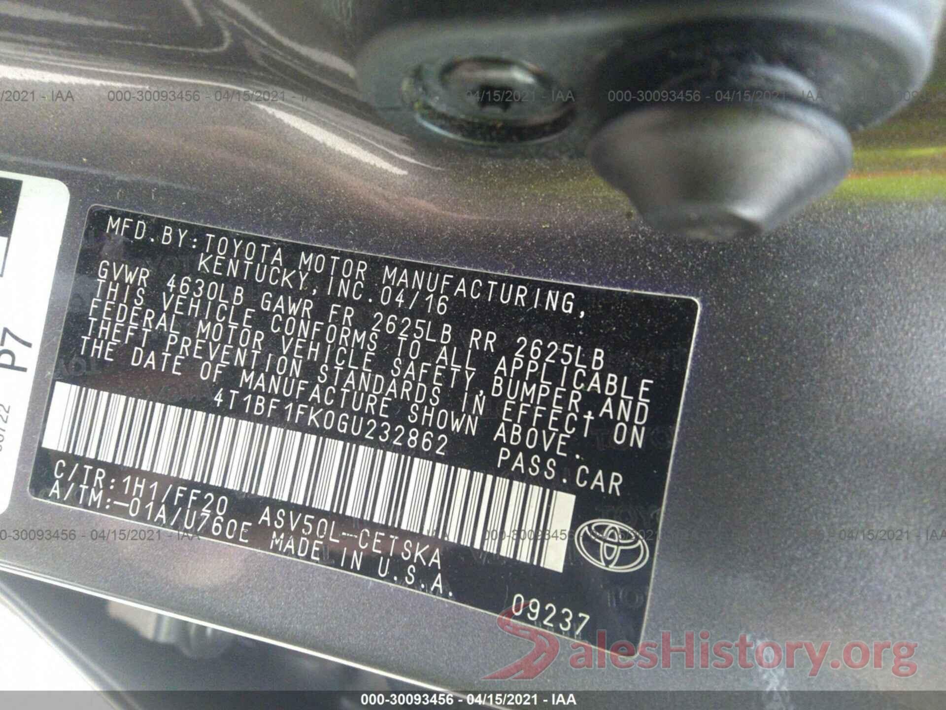 4T1BF1FK0GU232862 2016 TOYOTA CAMRY