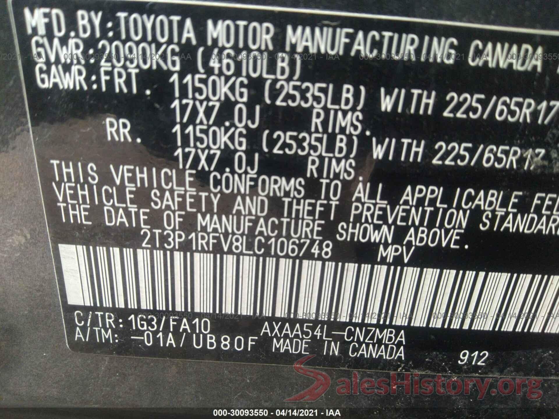 2T3P1RFV8LC106748 2020 TOYOTA RAV4