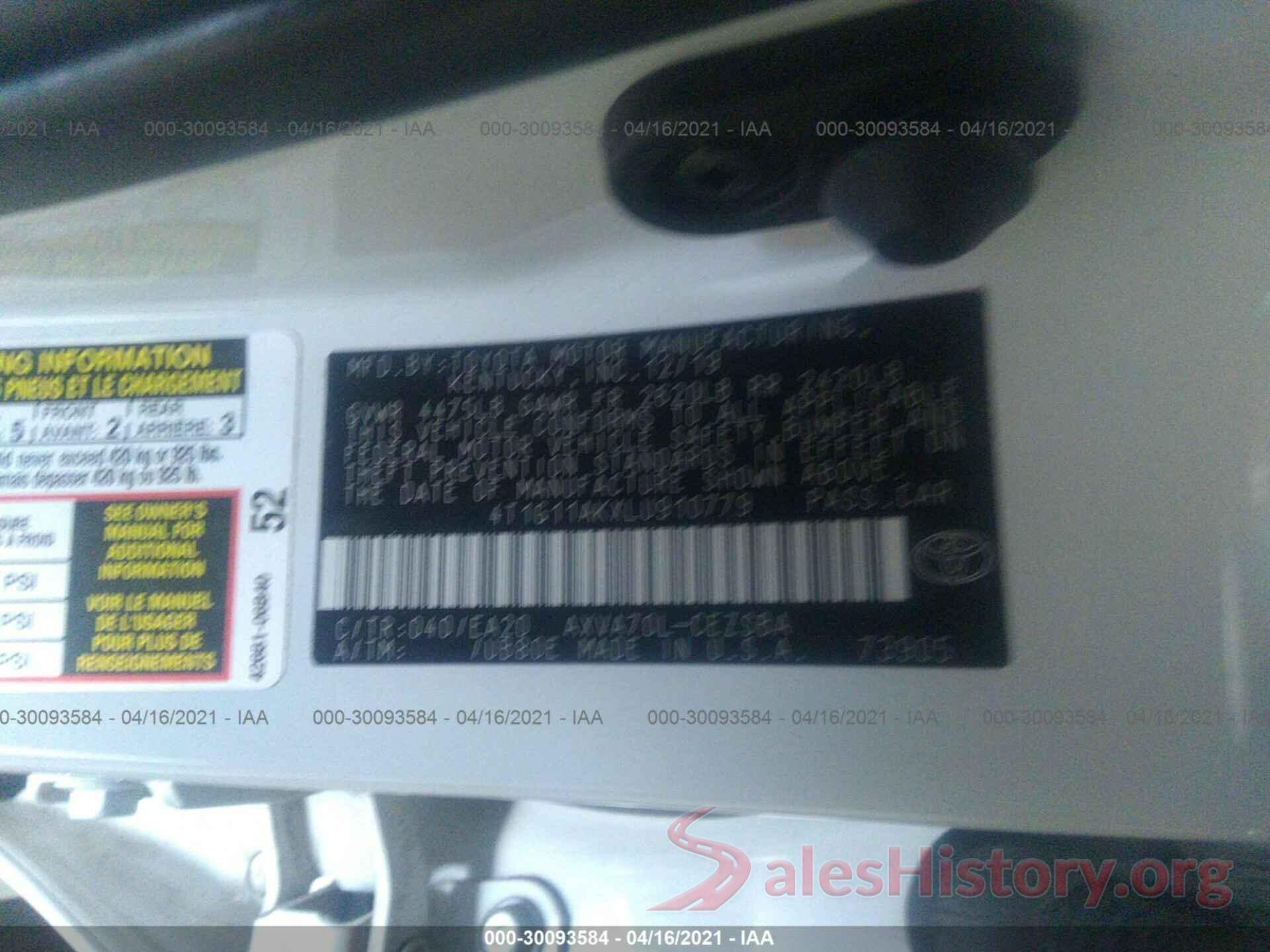 4T1G11AKXLU910779 2020 TOYOTA CAMRY