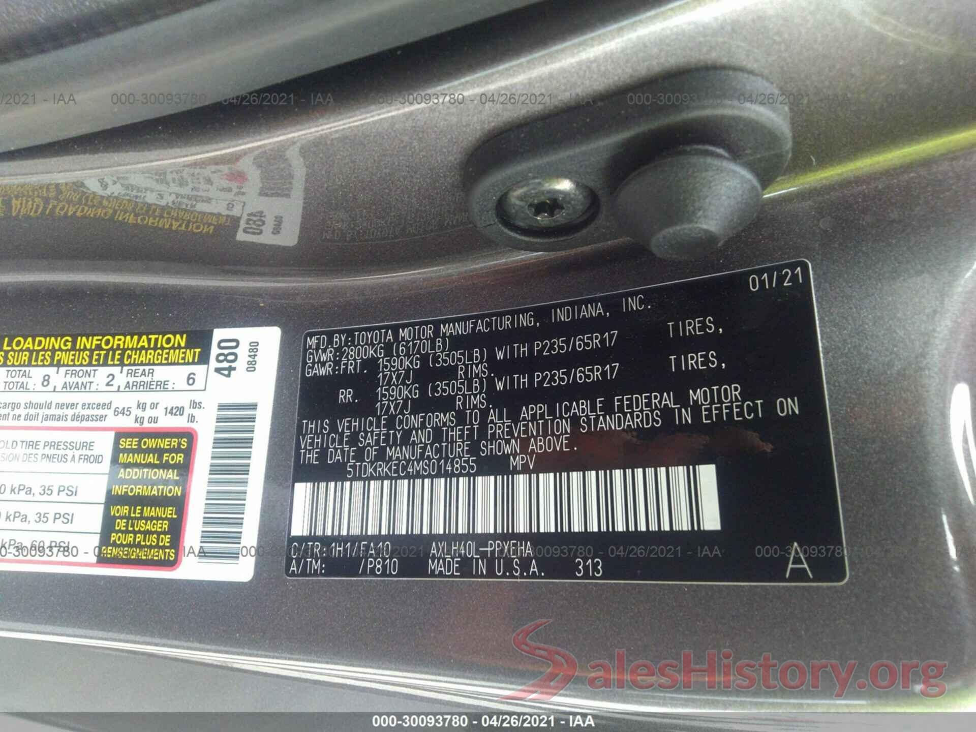 5TDKRKEC4MS014855 2021 TOYOTA SIENNA