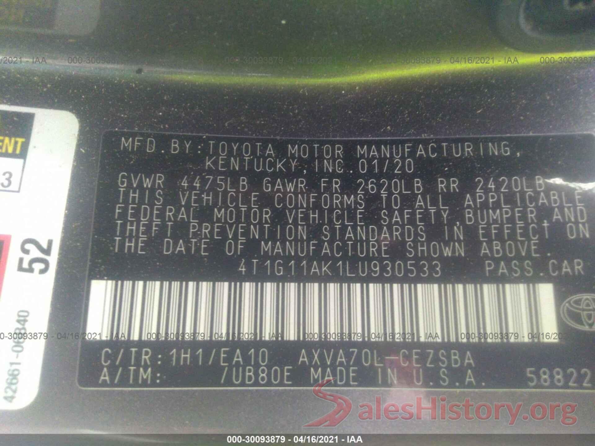 4T1G11AK1LU930533 2020 TOYOTA CAMRY