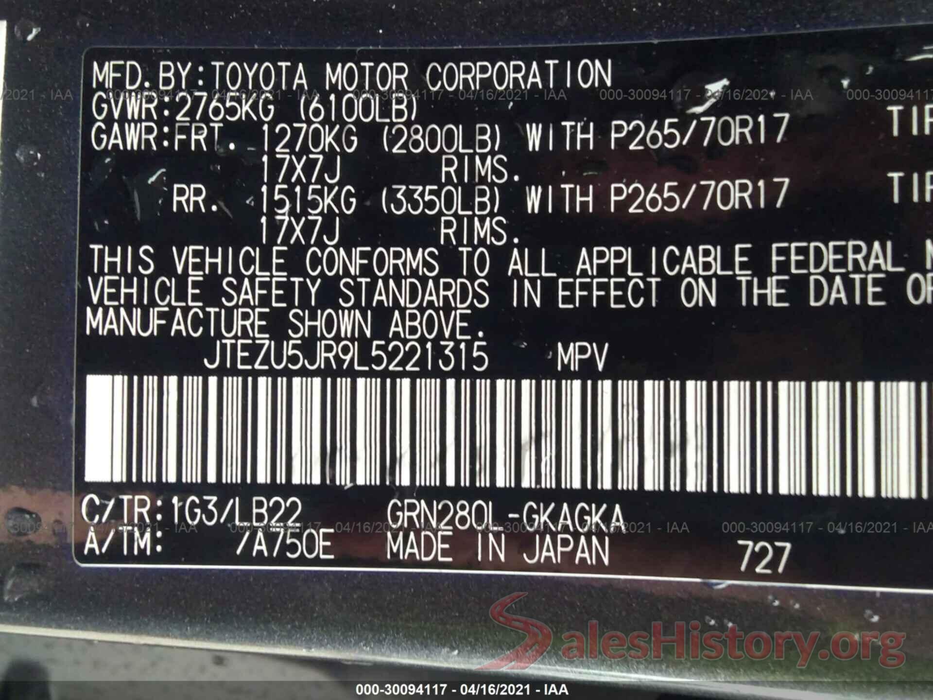 JTEZU5JR9L5221315 2020 TOYOTA 4RUNNER