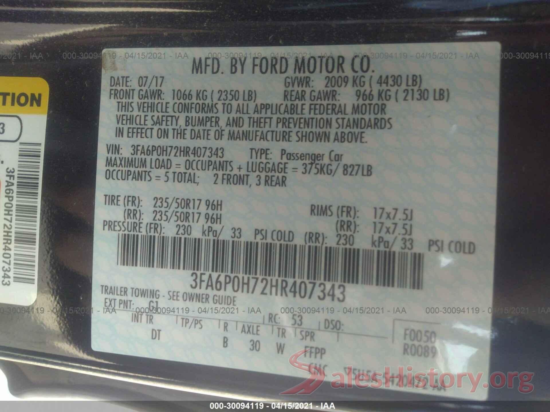 3FA6P0H72HR407343 2017 FORD FUSION