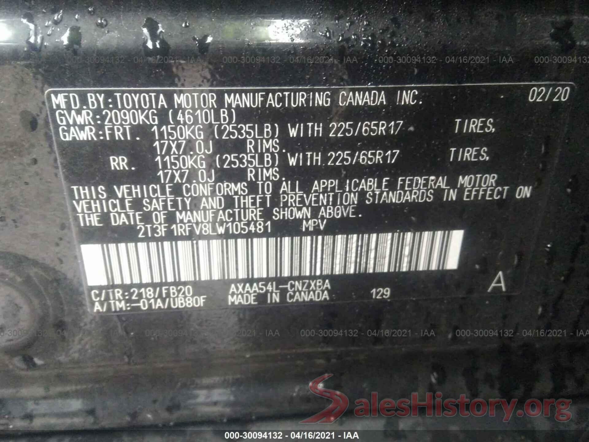 2T3F1RFV8LW105481 2020 TOYOTA RAV4