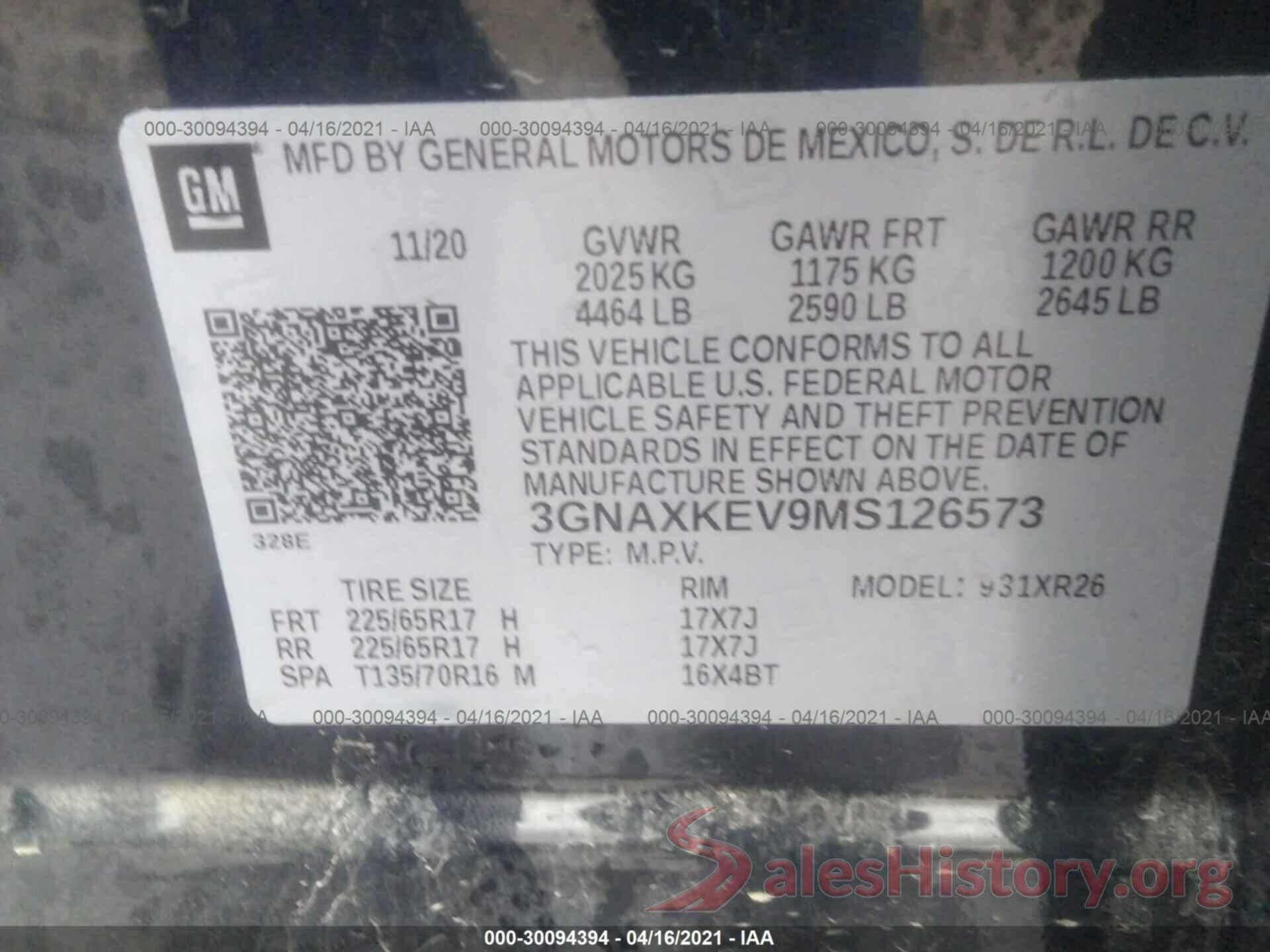 3GNAXKEV9MS126573 2021 CHEVROLET EQUINOX