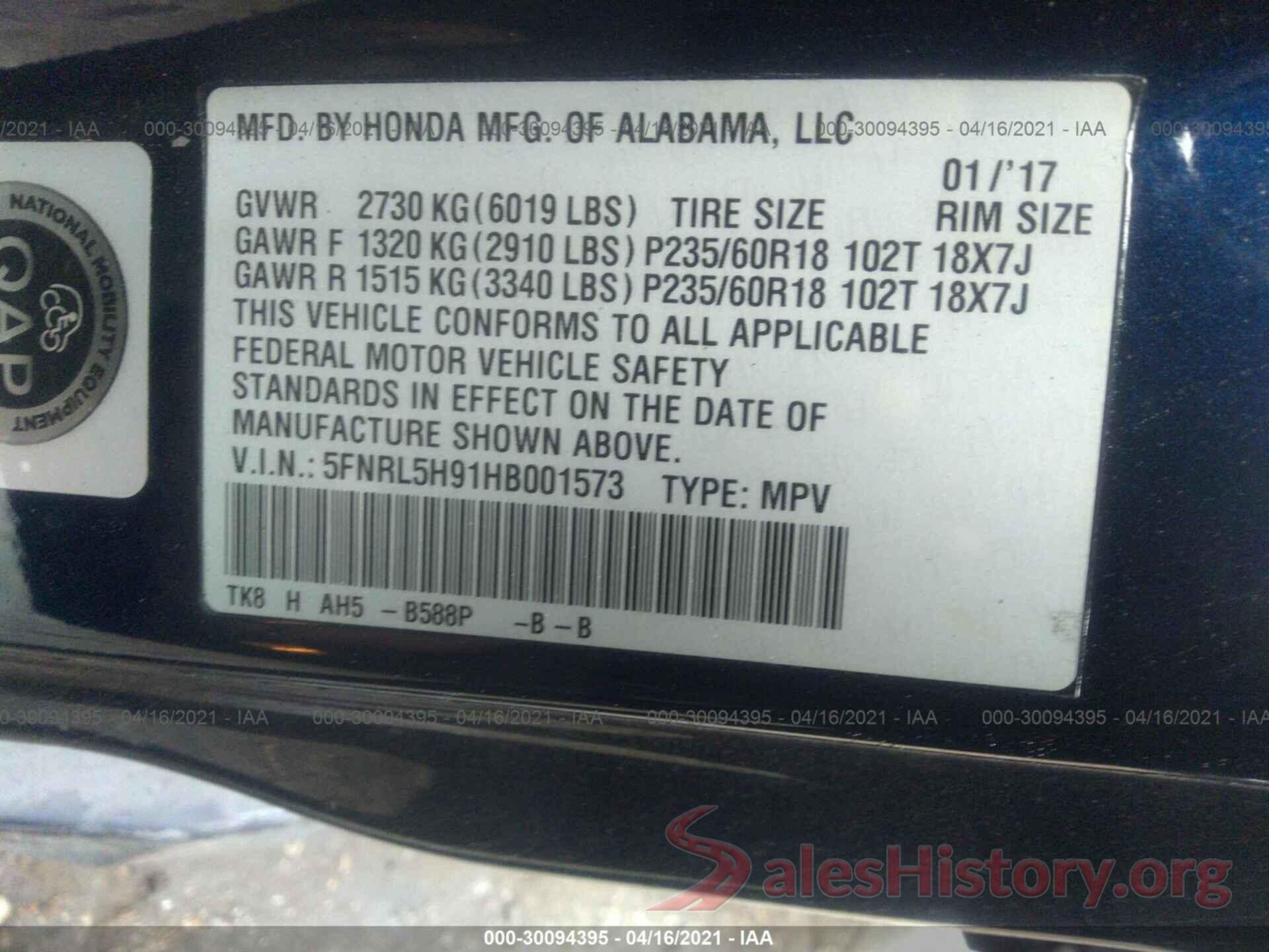 5FNRL5H91HB001573 2017 HONDA ODYSSEY