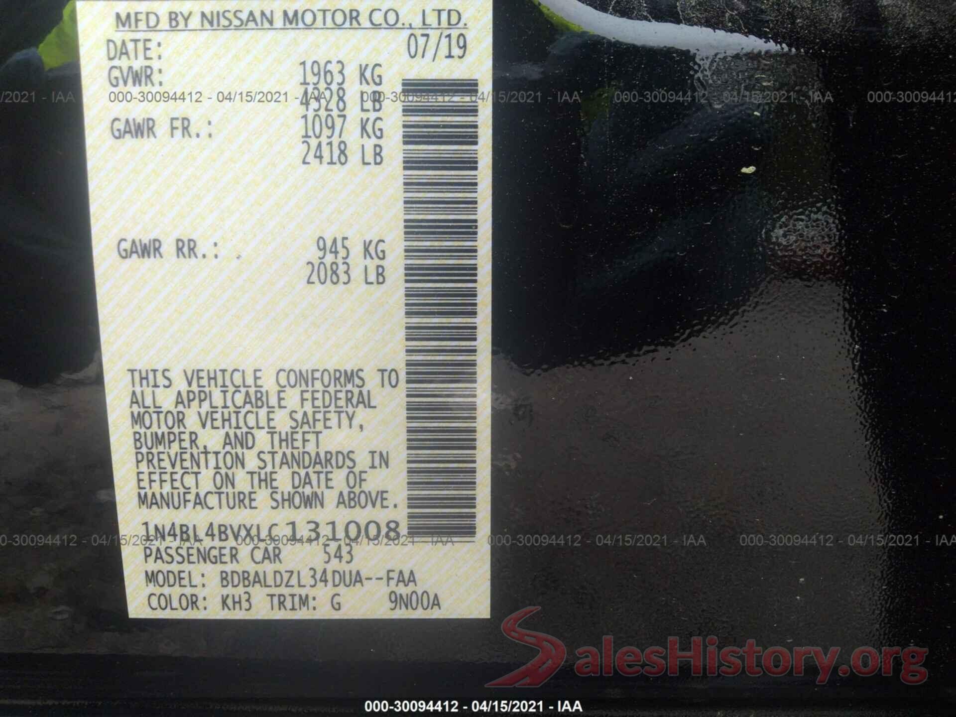 1N4BL4BVXLC131008 2020 NISSAN ALTIMA