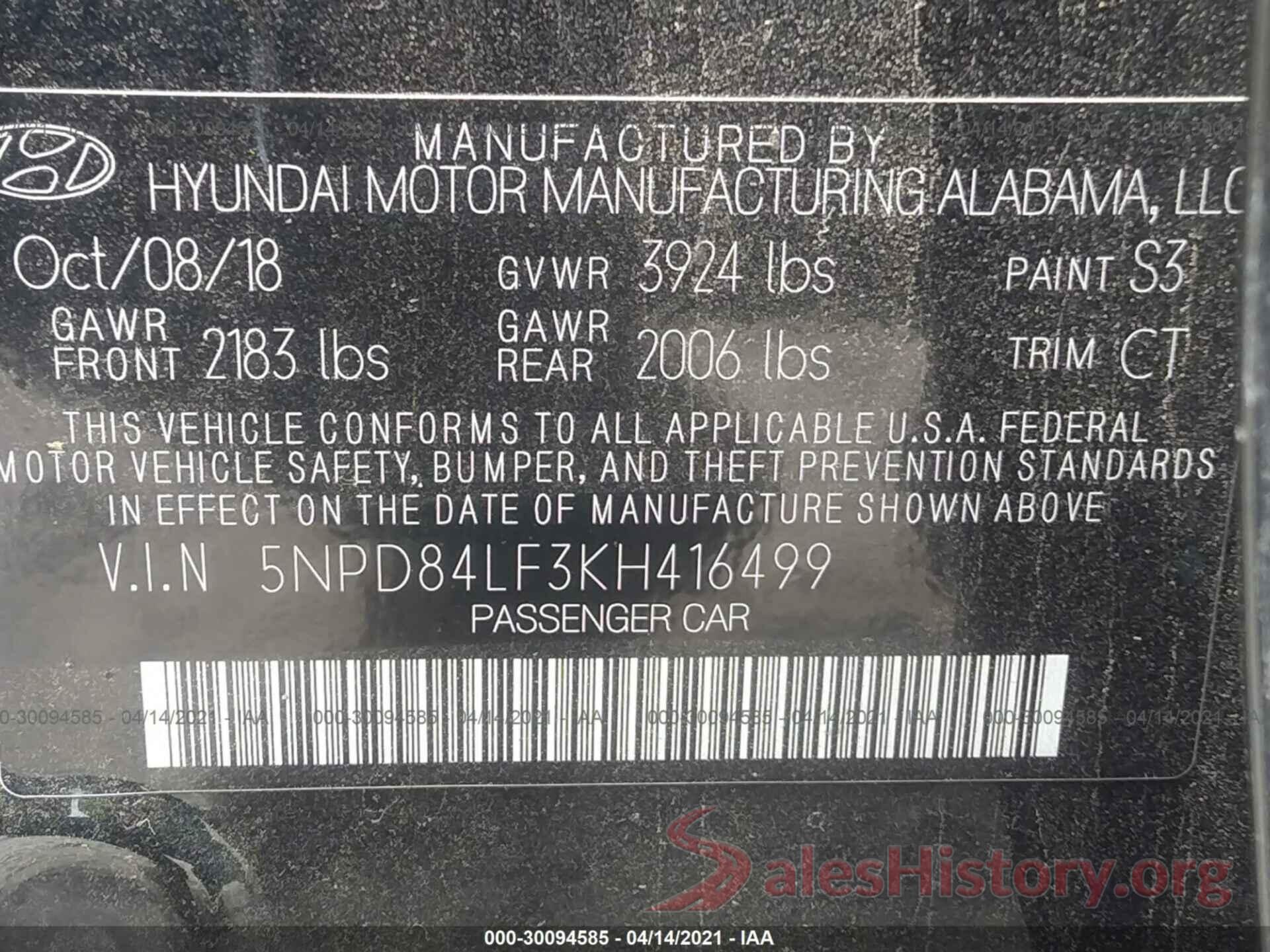 5NPD84LF3KH416499 2019 HYUNDAI ELANTRA