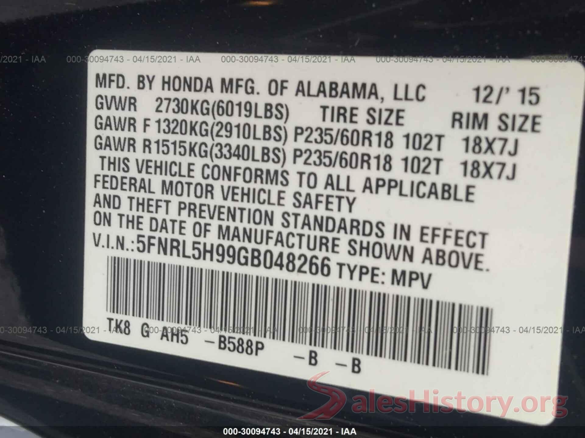 5FNRL5H99GB048266 2016 HONDA ODYSSEY