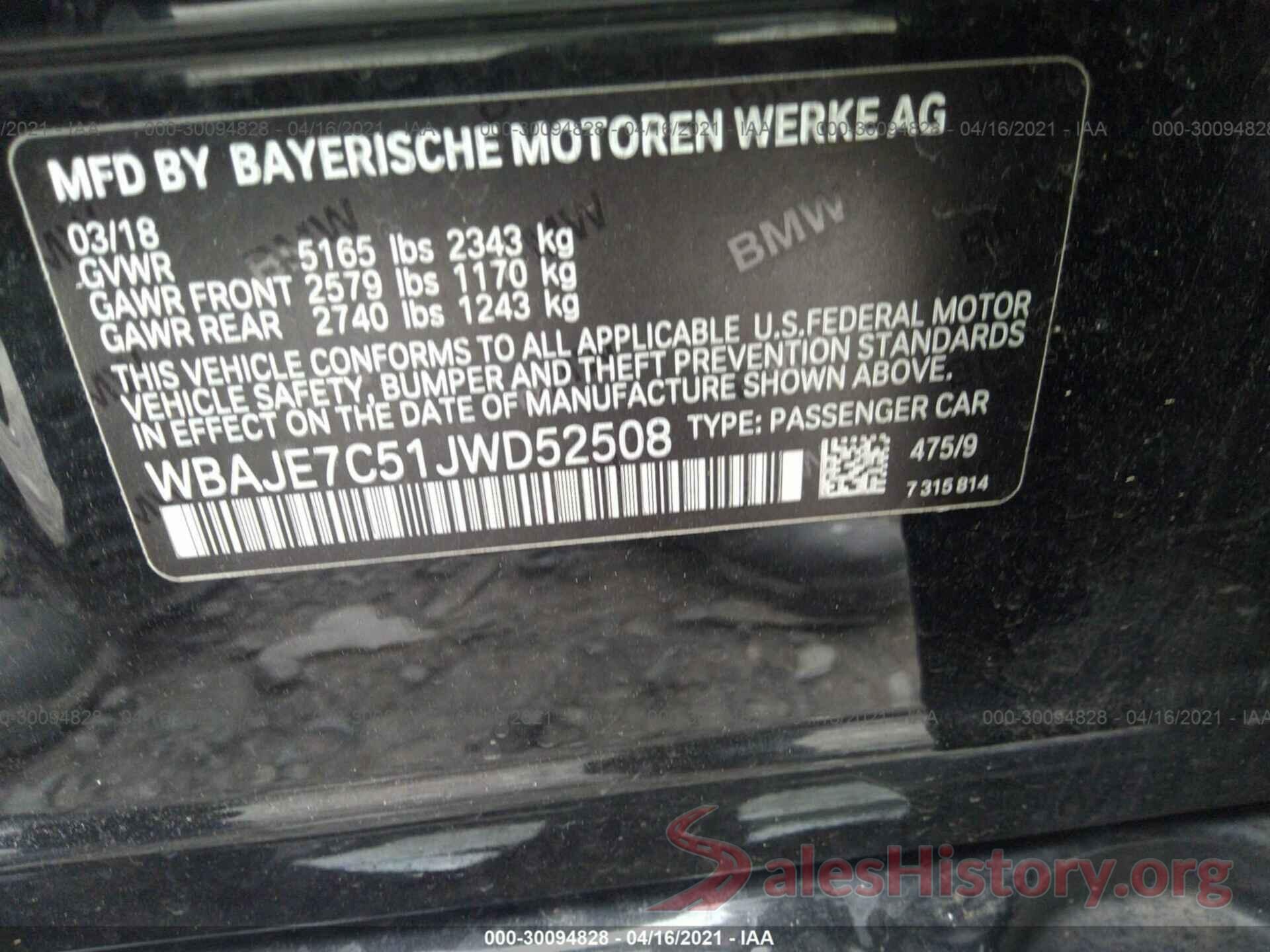 WBAJE7C51JWD52508 2018 BMW 5 SERIES