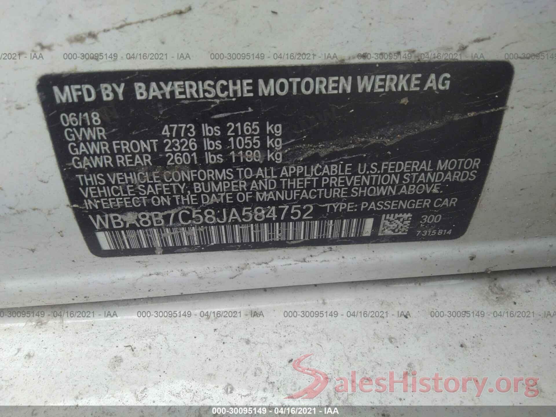 WBA8B7C58JA584752 2018 BMW 3 SERIES