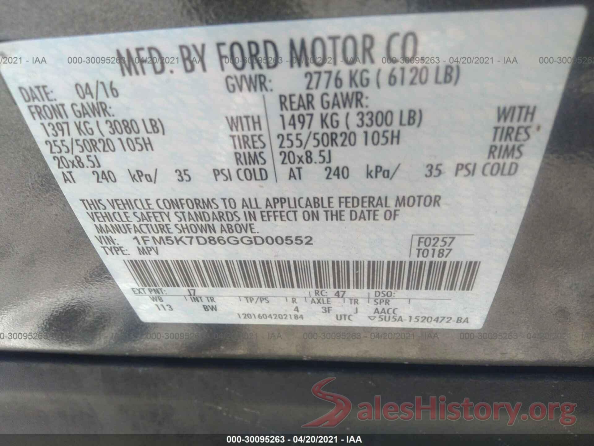 1FM5K7D86GGD00552 2016 FORD EXPLORER