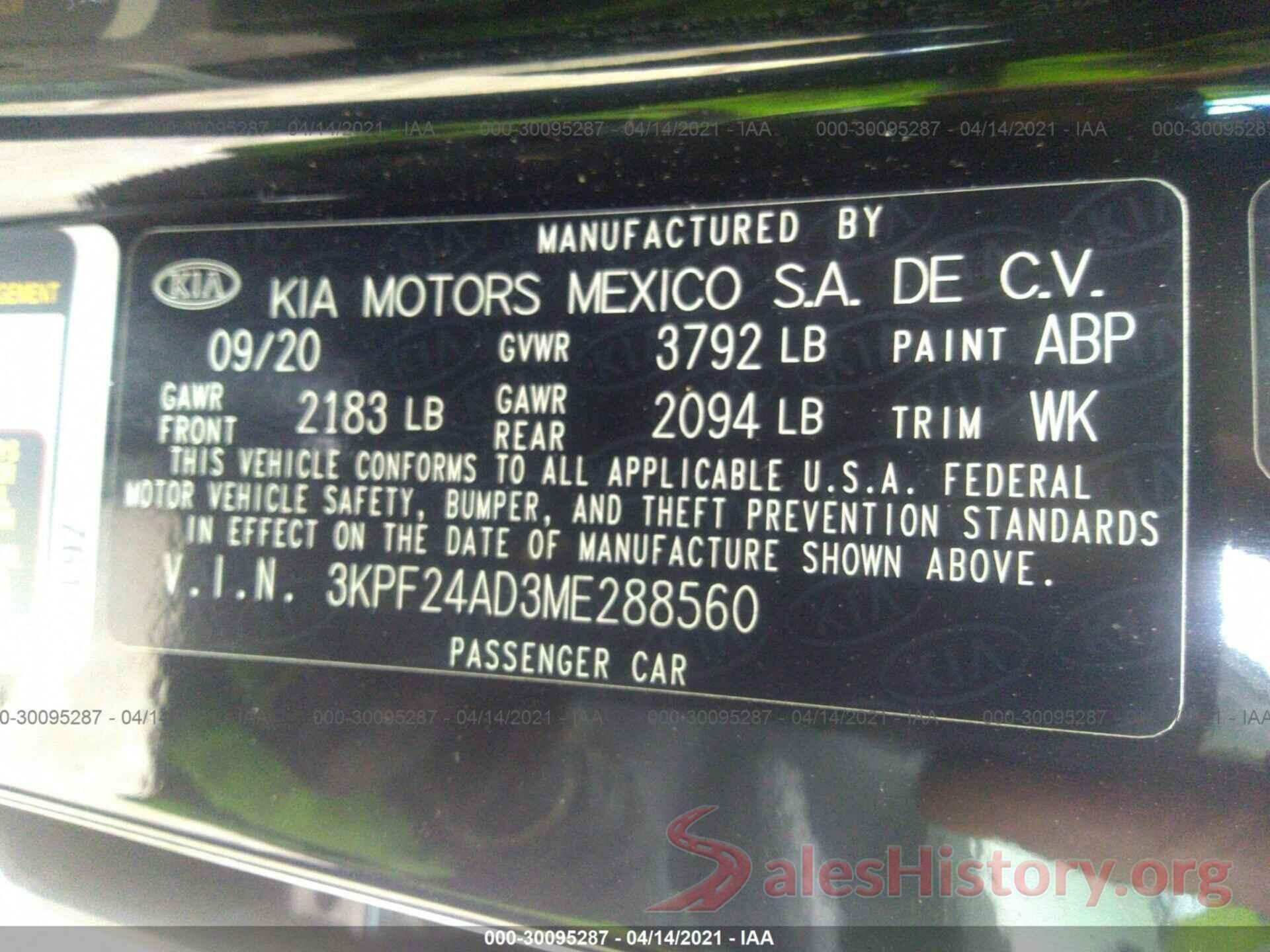 3KPF24AD3ME288560 2021 KIA FORTE