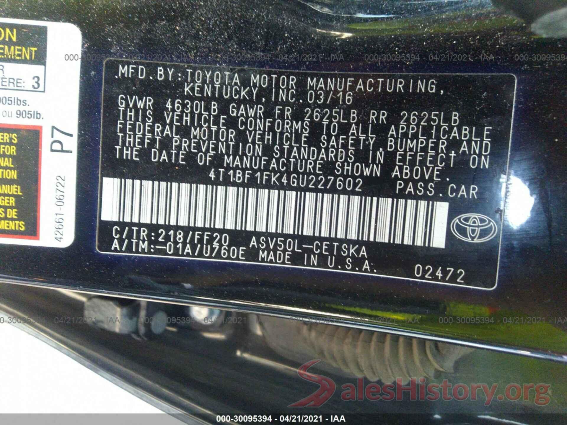 4T1BF1FK4GU227602 2016 TOYOTA CAMRY