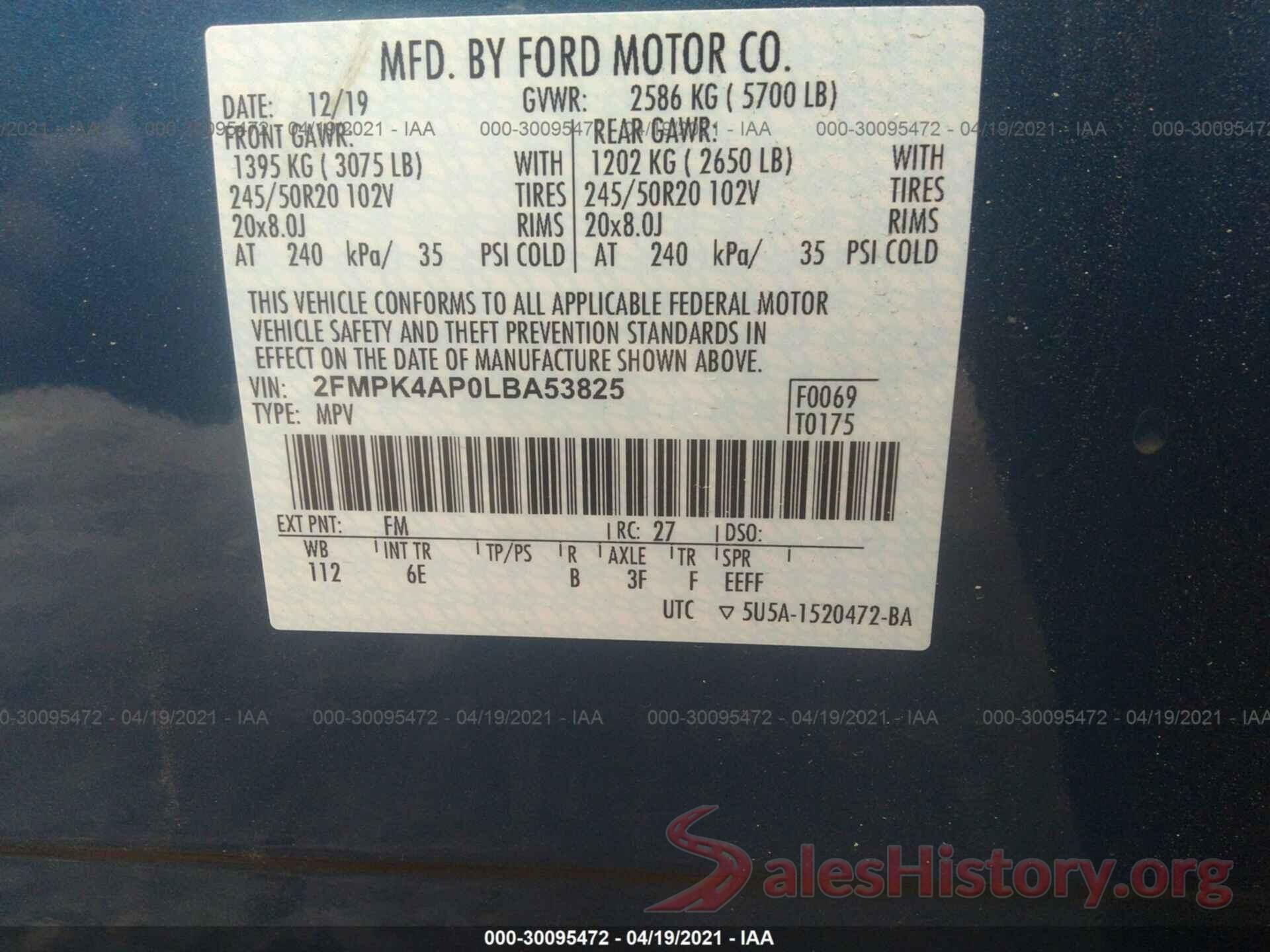 2FMPK4AP0LBA53825 2020 FORD EDGE