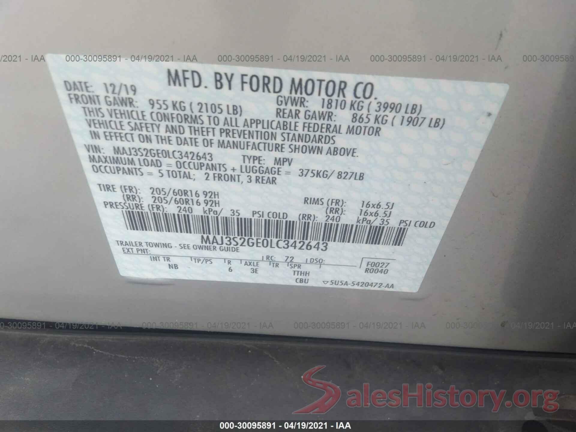 MAJ3S2GE0LC342643 2020 FORD ECOSPORT