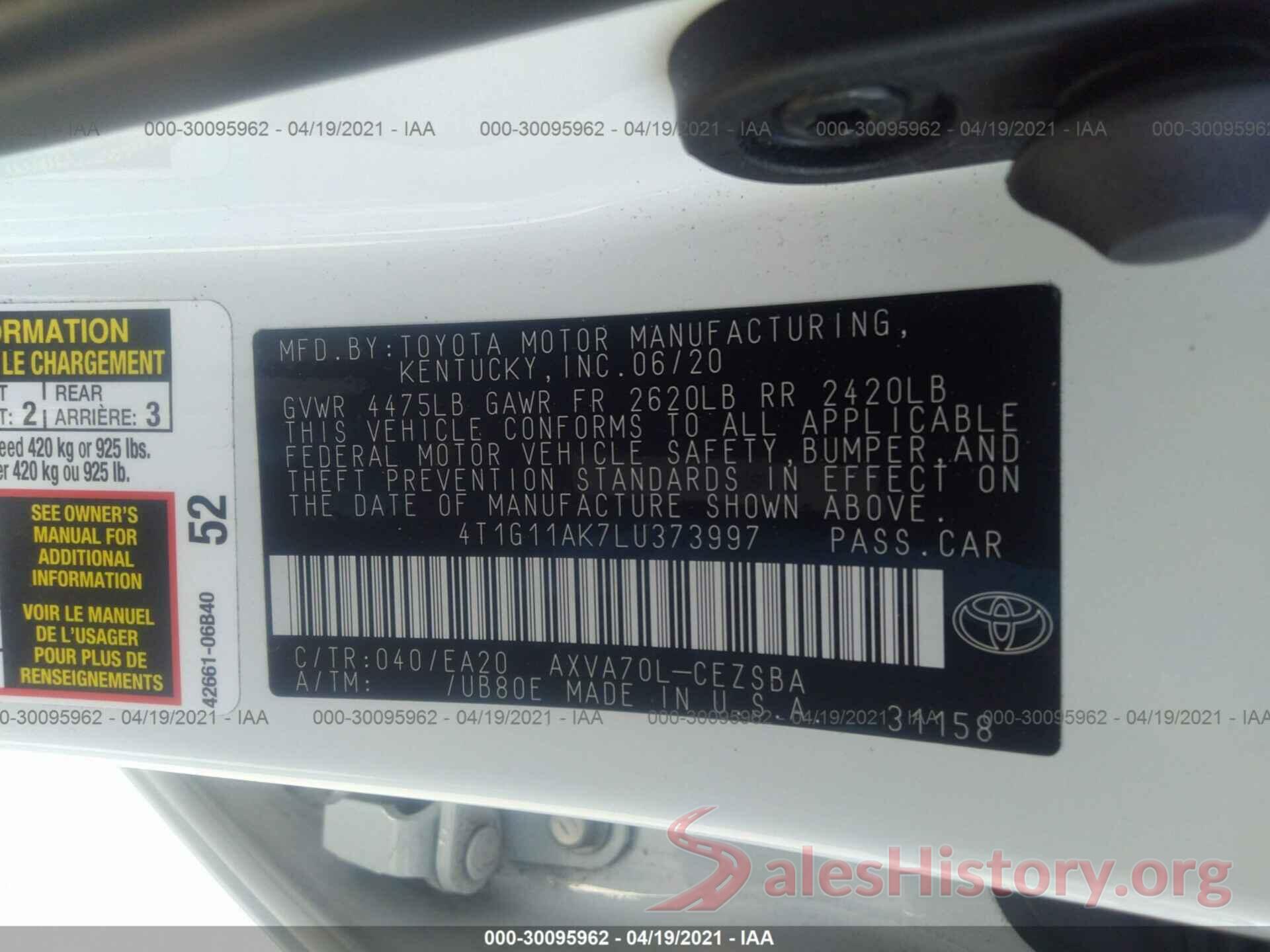 4T1G11AK7LU373997 2020 TOYOTA CAMRY