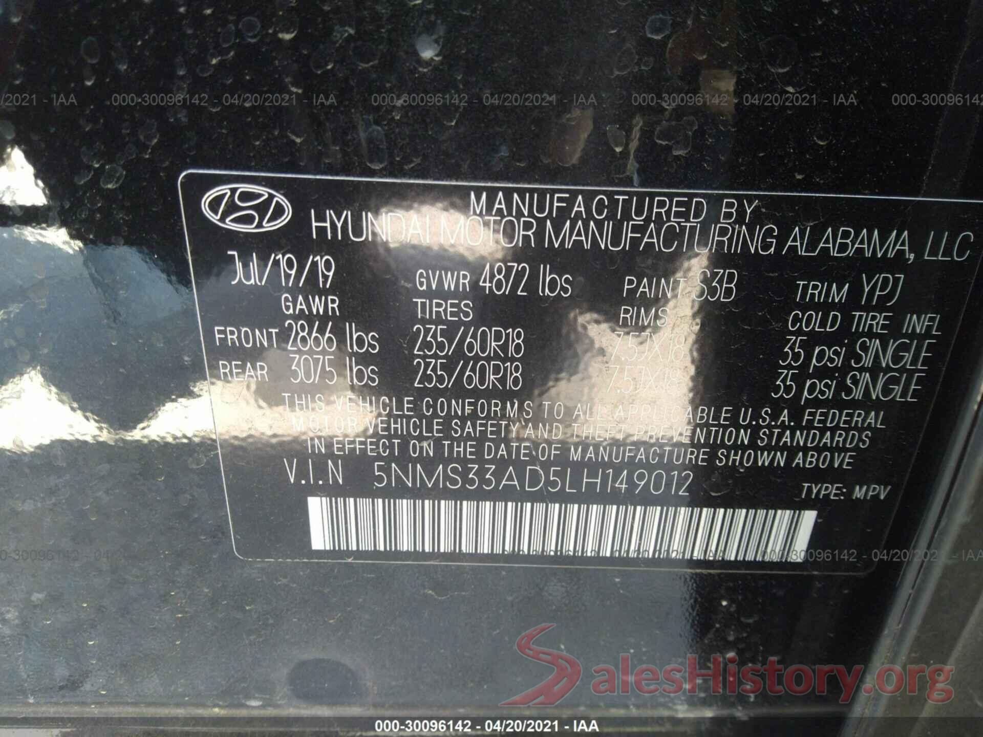 5NMS33AD5LH149012 2020 HYUNDAI SANTA FE