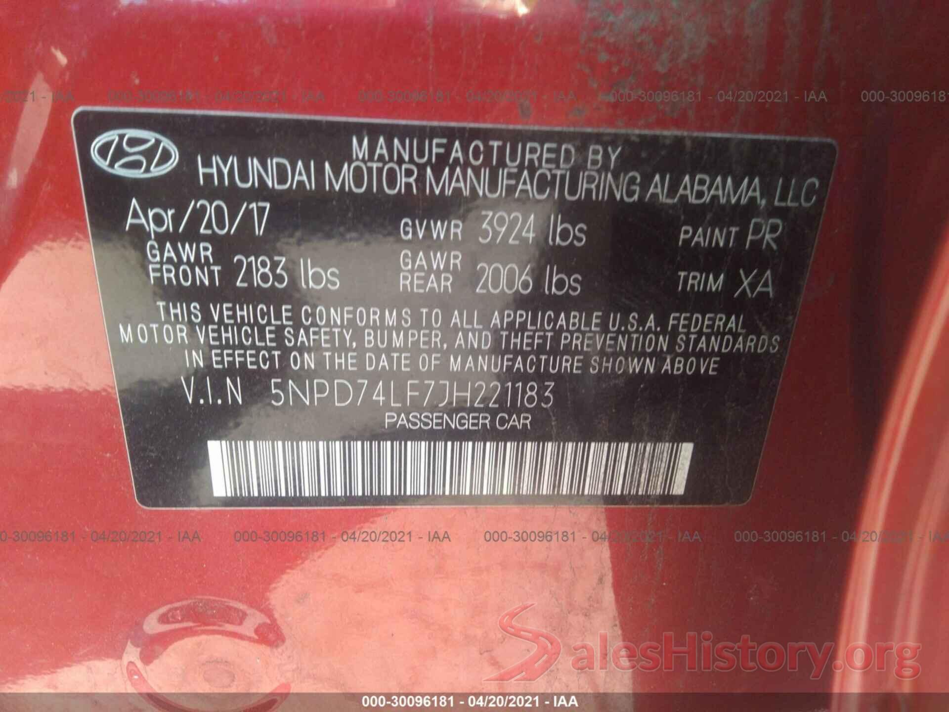 5NPD74LF7JH221183 2018 HYUNDAI ELANTRA