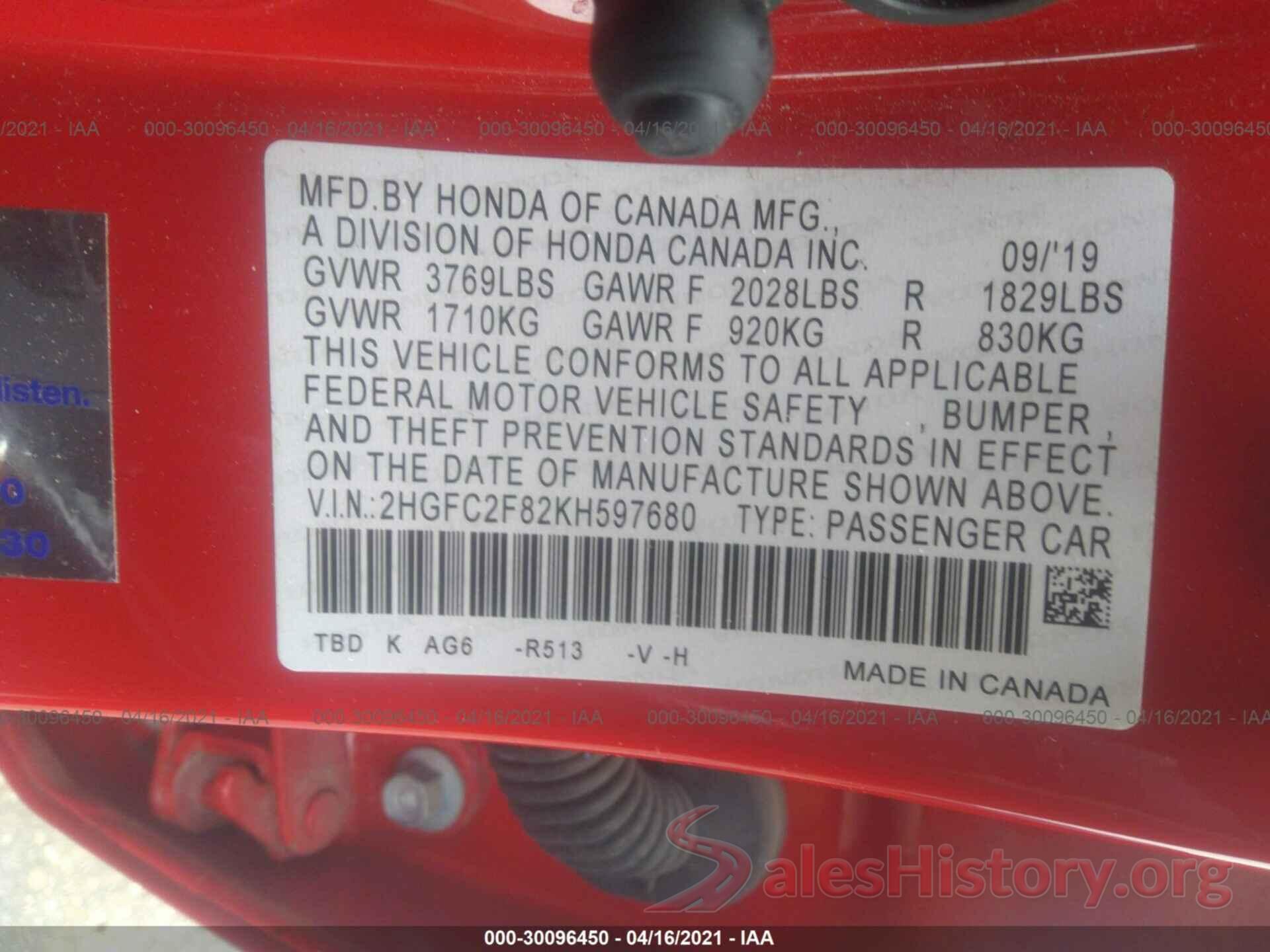 2HGFC2F82KH597680 2019 HONDA CIVIC SEDAN