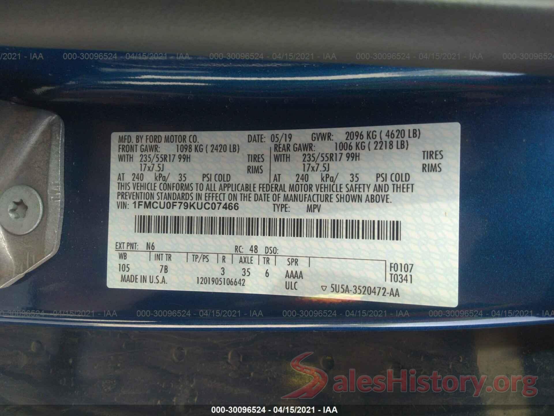 1FMCU0F79KUC07466 2019 FORD ESCAPE