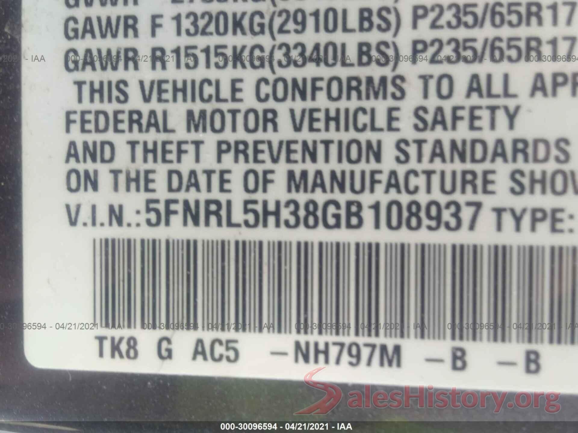 5FNRL5H38GB108937 2016 HONDA ODYSSEY