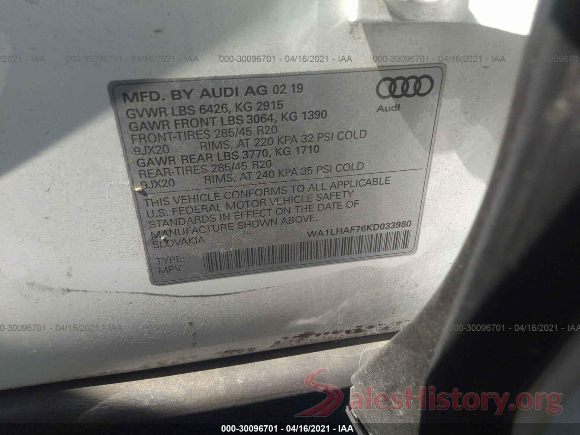 WA1LHAF76KD033980 2019 AUDI Q7