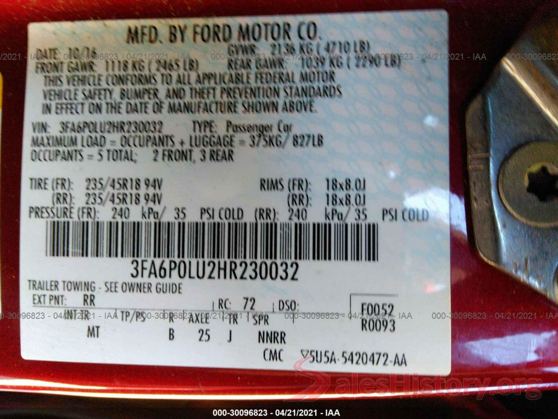 3FA6P0LU2HR230032 2017 FORD FUSION