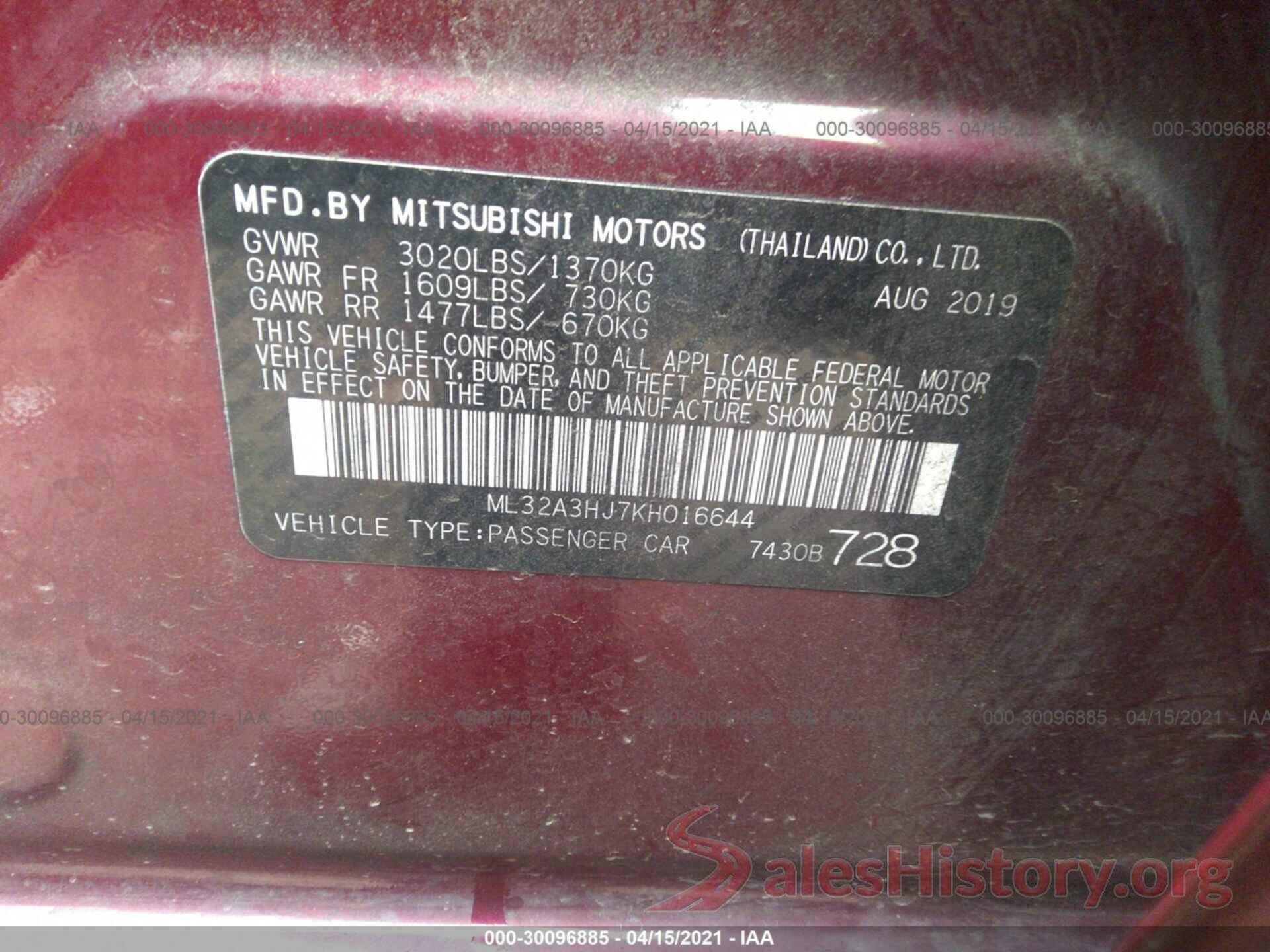 ML32A3HJ7KH016644 2019 MITSUBISHI MIRAGE